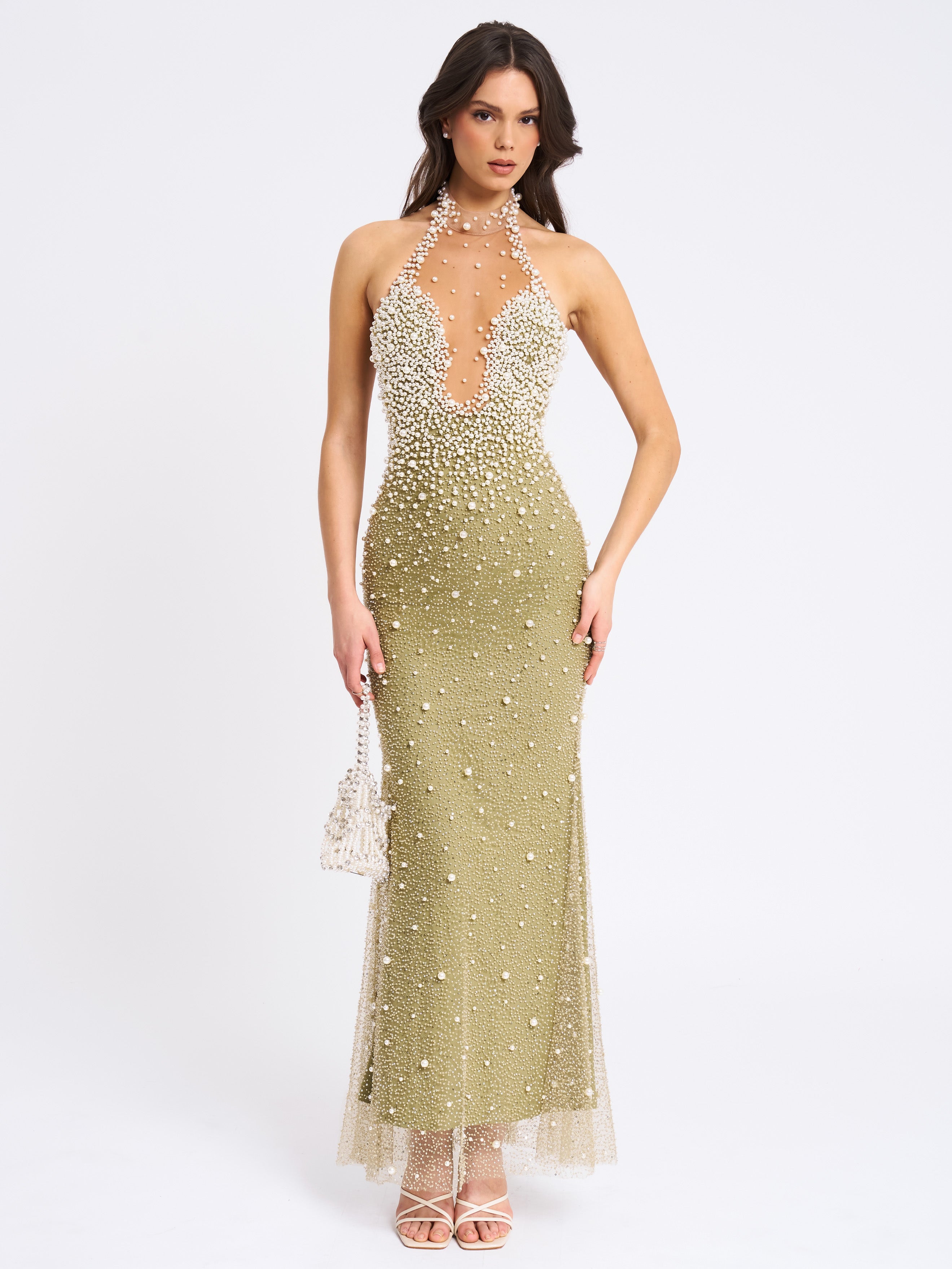 Ginny Pear Green Pearl Embellished Backless Gown