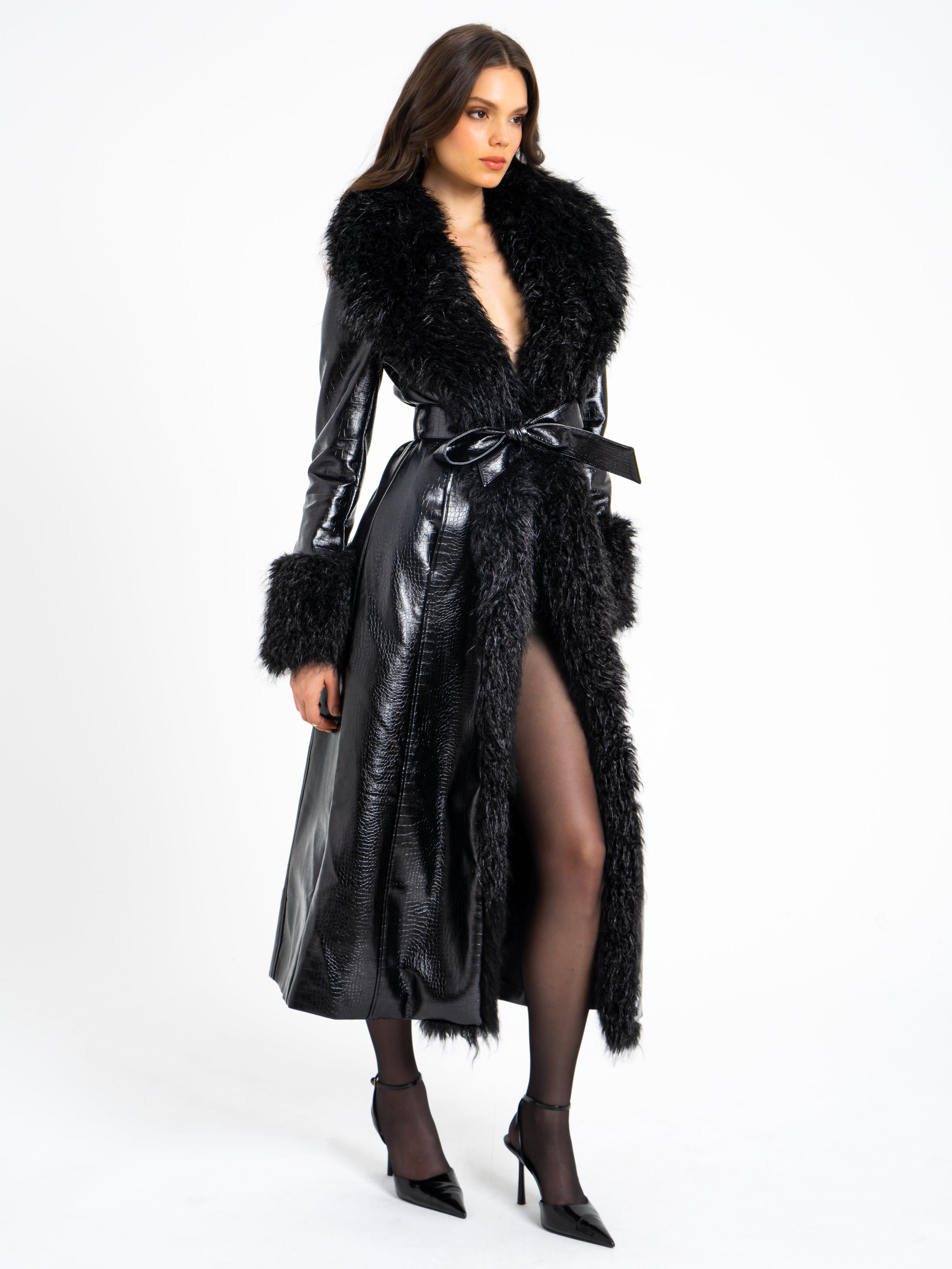 Zella Black Fur Trim Vegan Croc Leather Coat