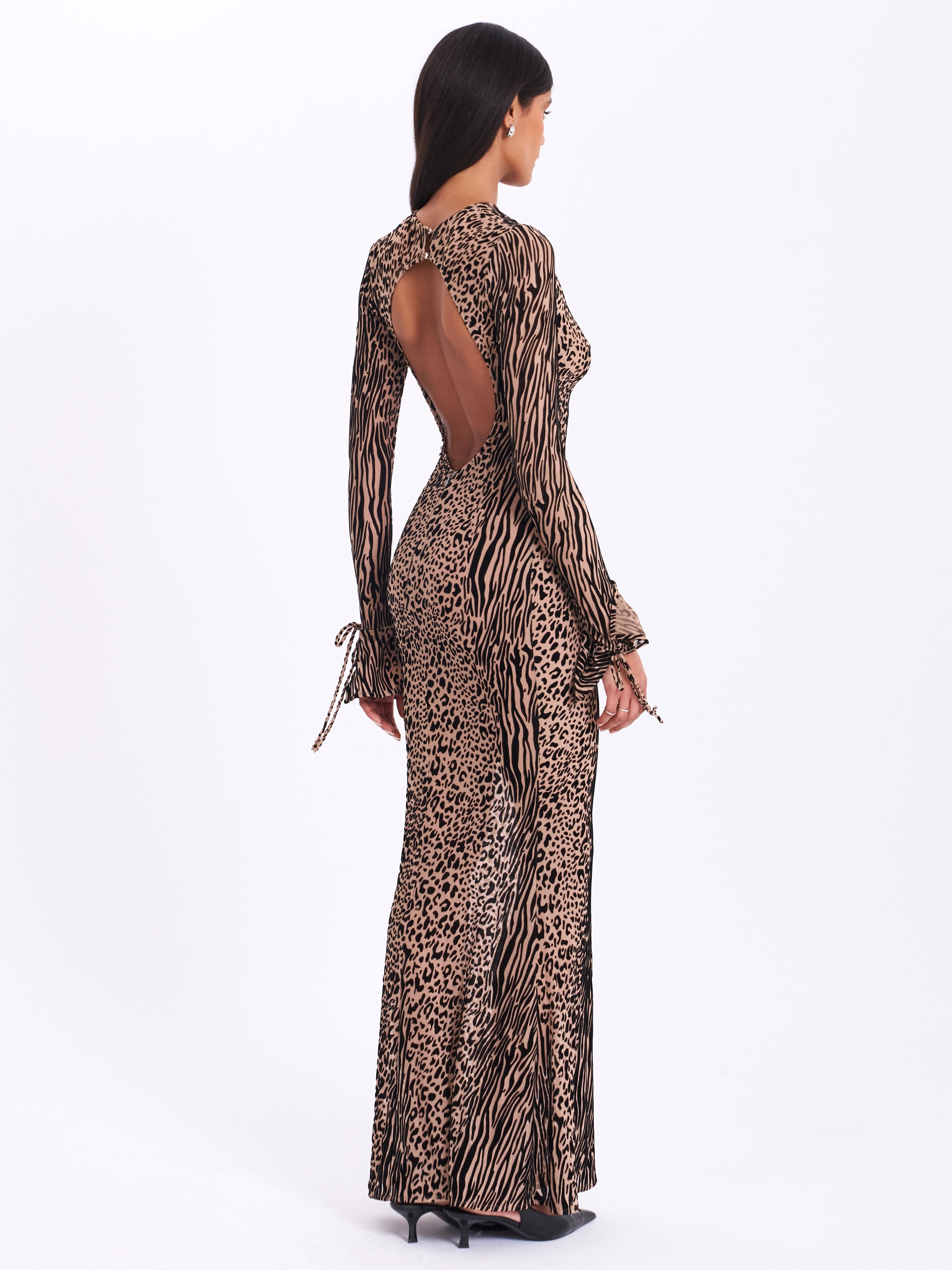 Waylynn Black Animal Print Burnout Velvet Detail Nude Mesh Backless Maxi Dress