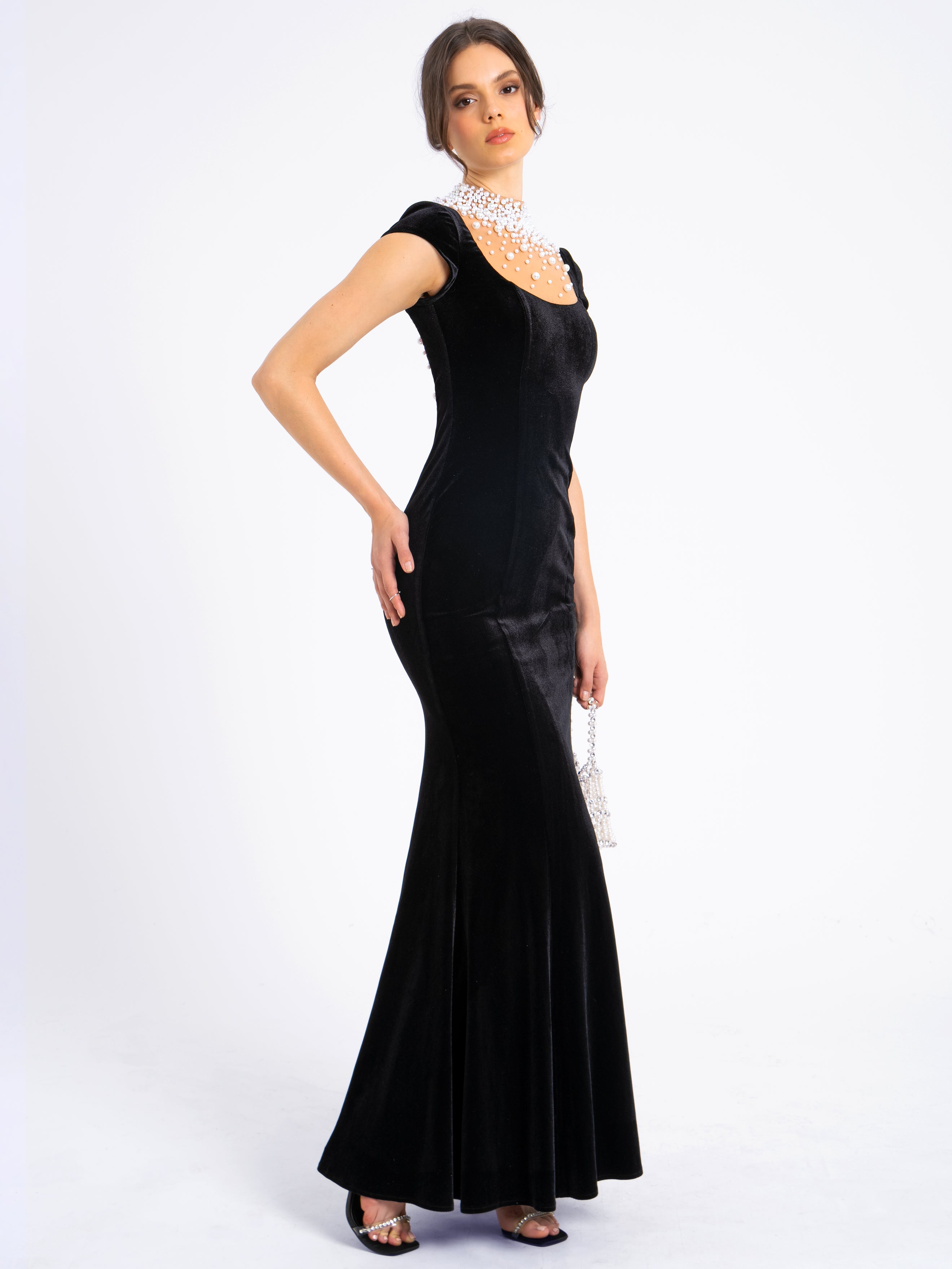 Rachael Black Velvet Pearl Embellished Gown