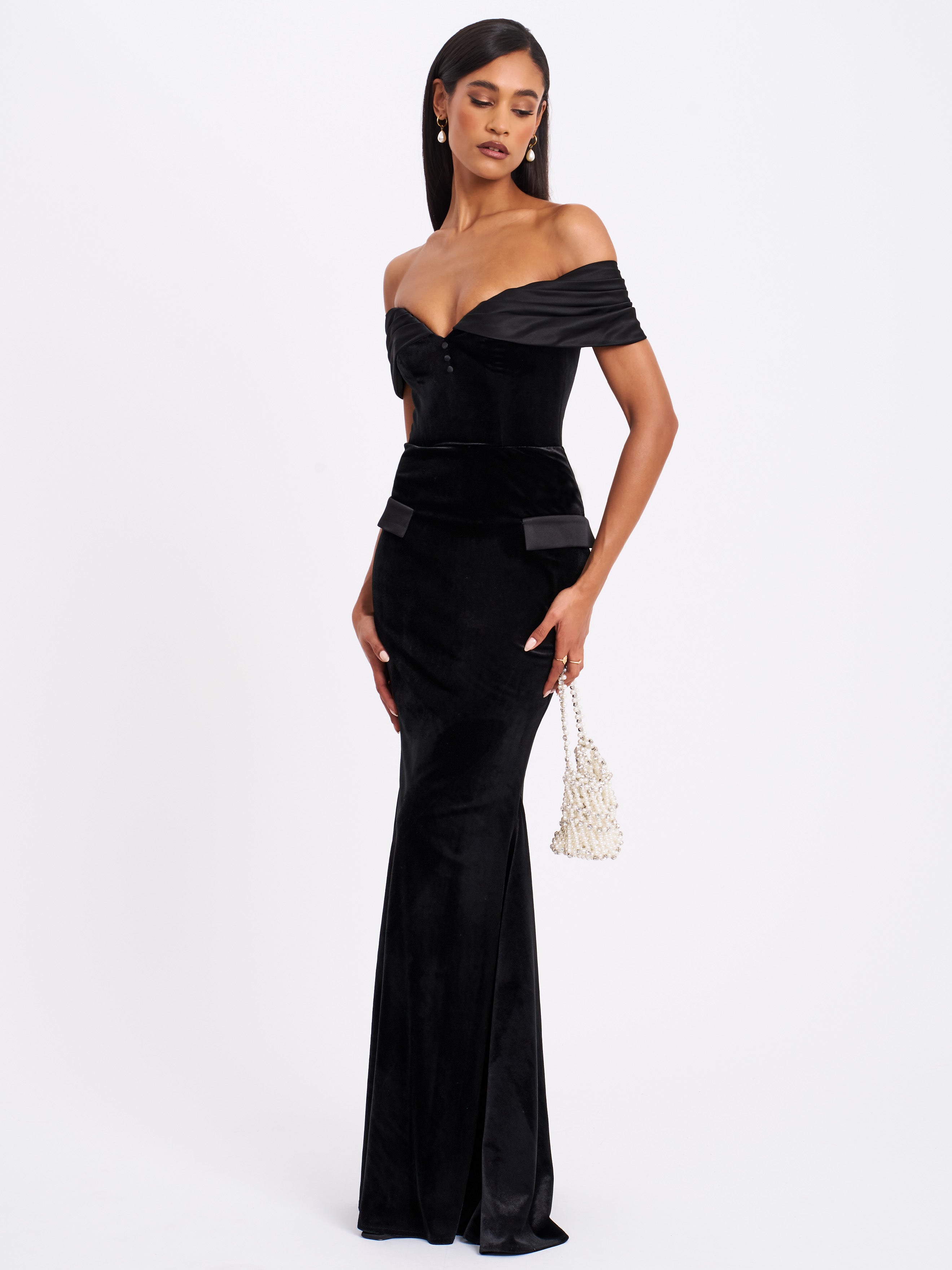 Qamra Black Velvet Off Shoulder Mermaid Maxi Dress