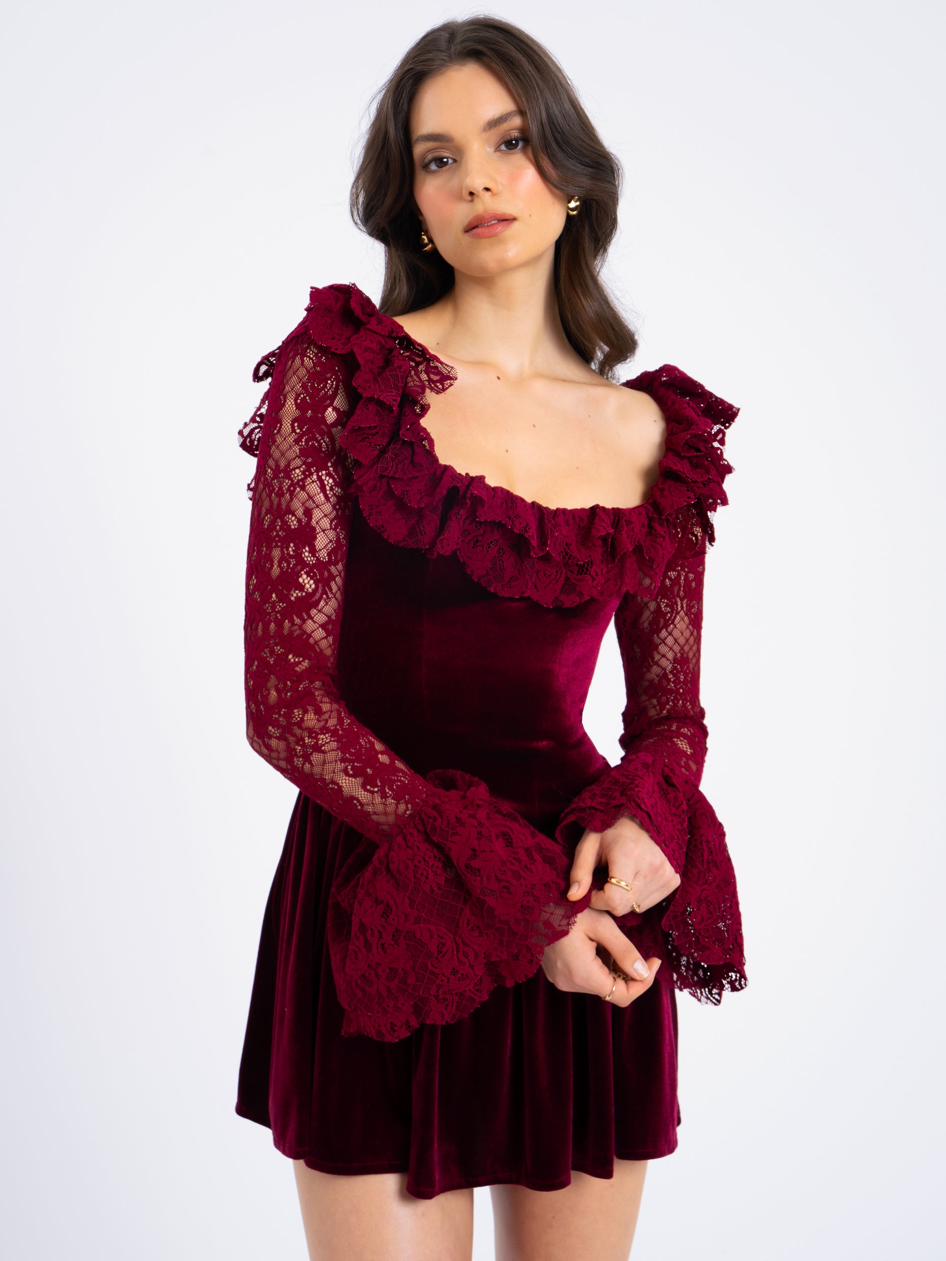 flared velvet dress Yachira Burgundy Lace Flare Sleeve Mini This garment fits true Siren Gaze Easter Dress FB-FT Size:30