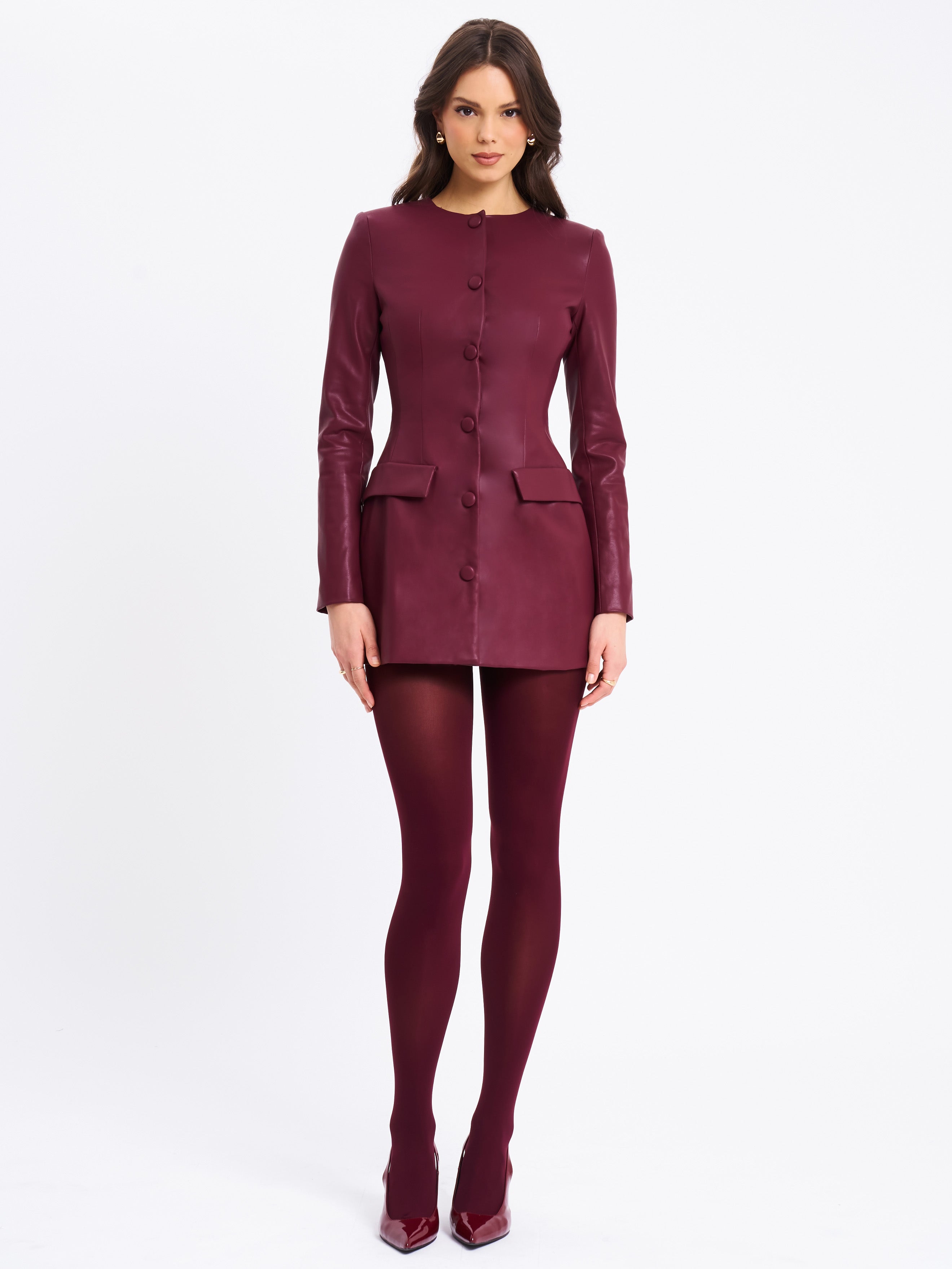 Baila Burgundy Vegan Leather Blazer Mini Dress