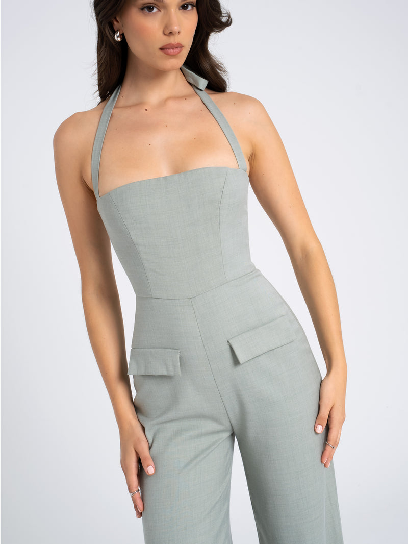 Zaria Sage Green Wide Leg Halter Jumpsuit