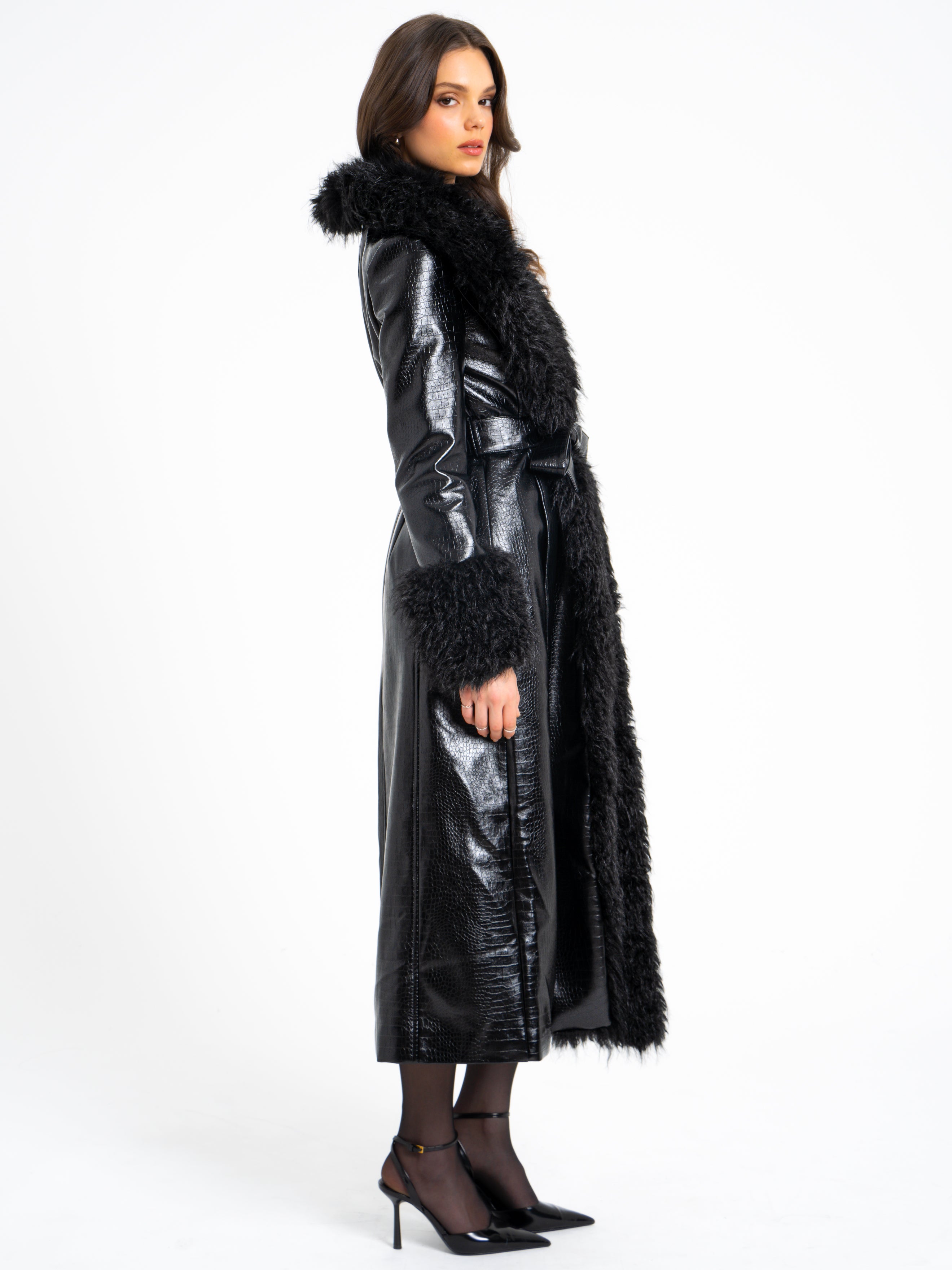 Zella Black Fur Trim Vegan Croc Leather Coat