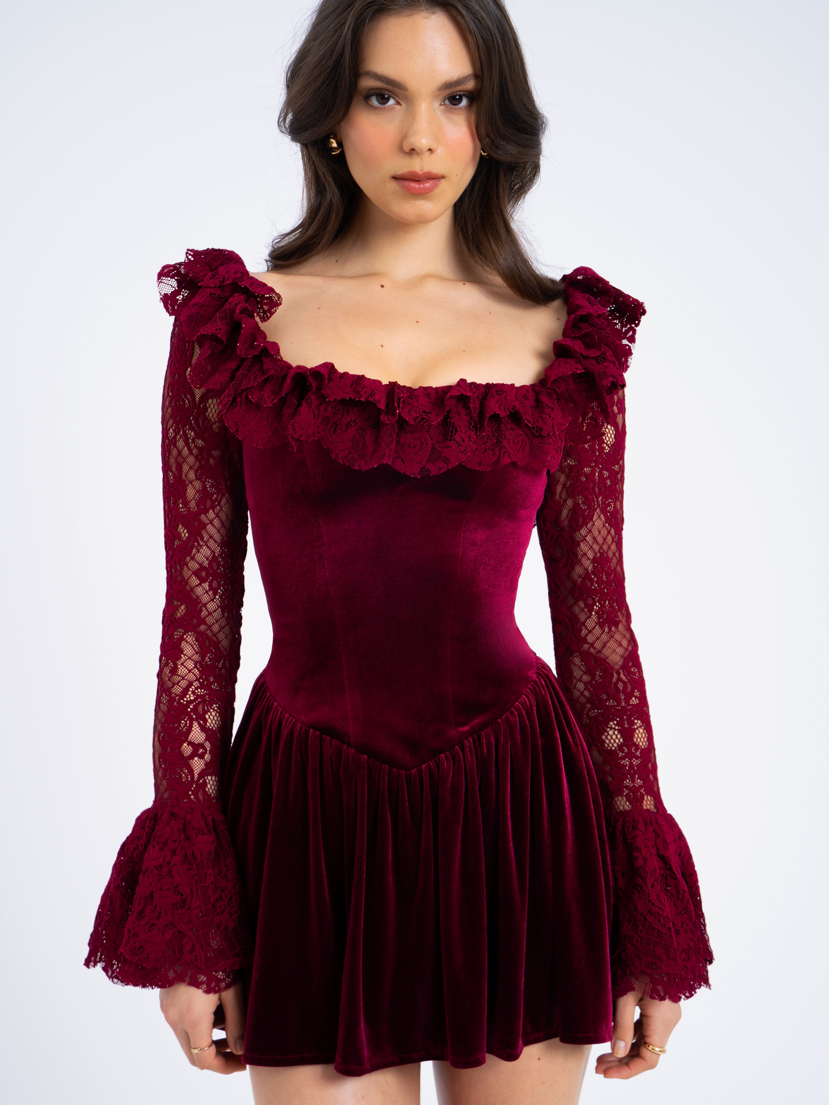 Yachira Burgundy Velvet Lace Flare Sleeve Mini Dress