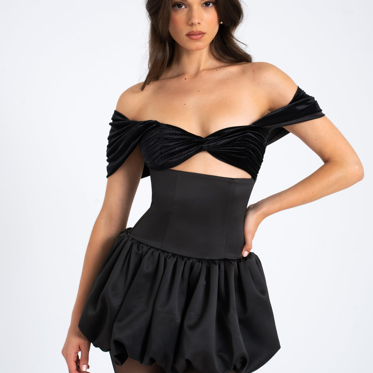 bobbie mini dress black Miss Circle Women Gabby Black Velvet Top Bubble Hem Mini Dress