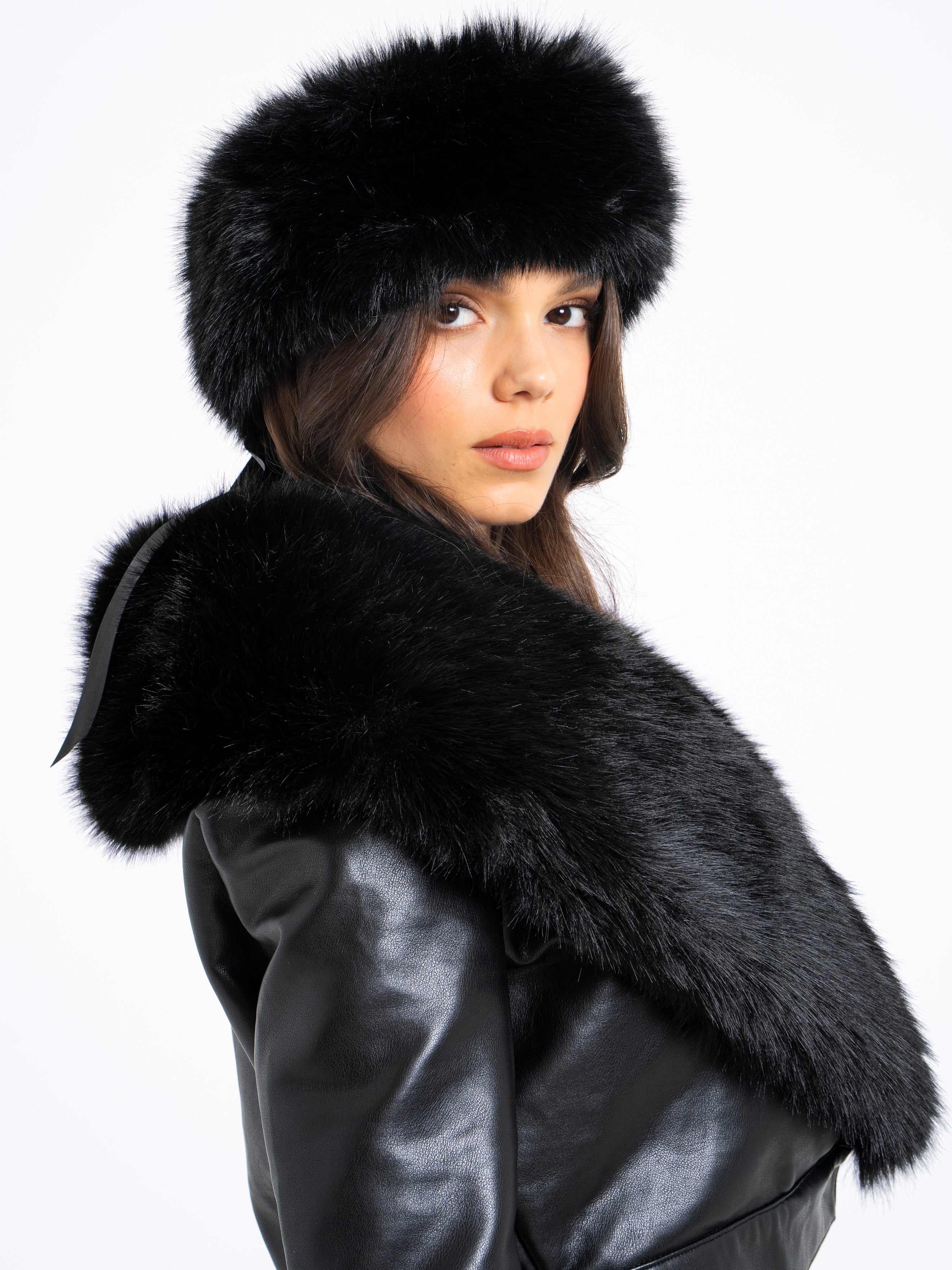 Miss Circle Black Wrap Around Vegan Fur Hat