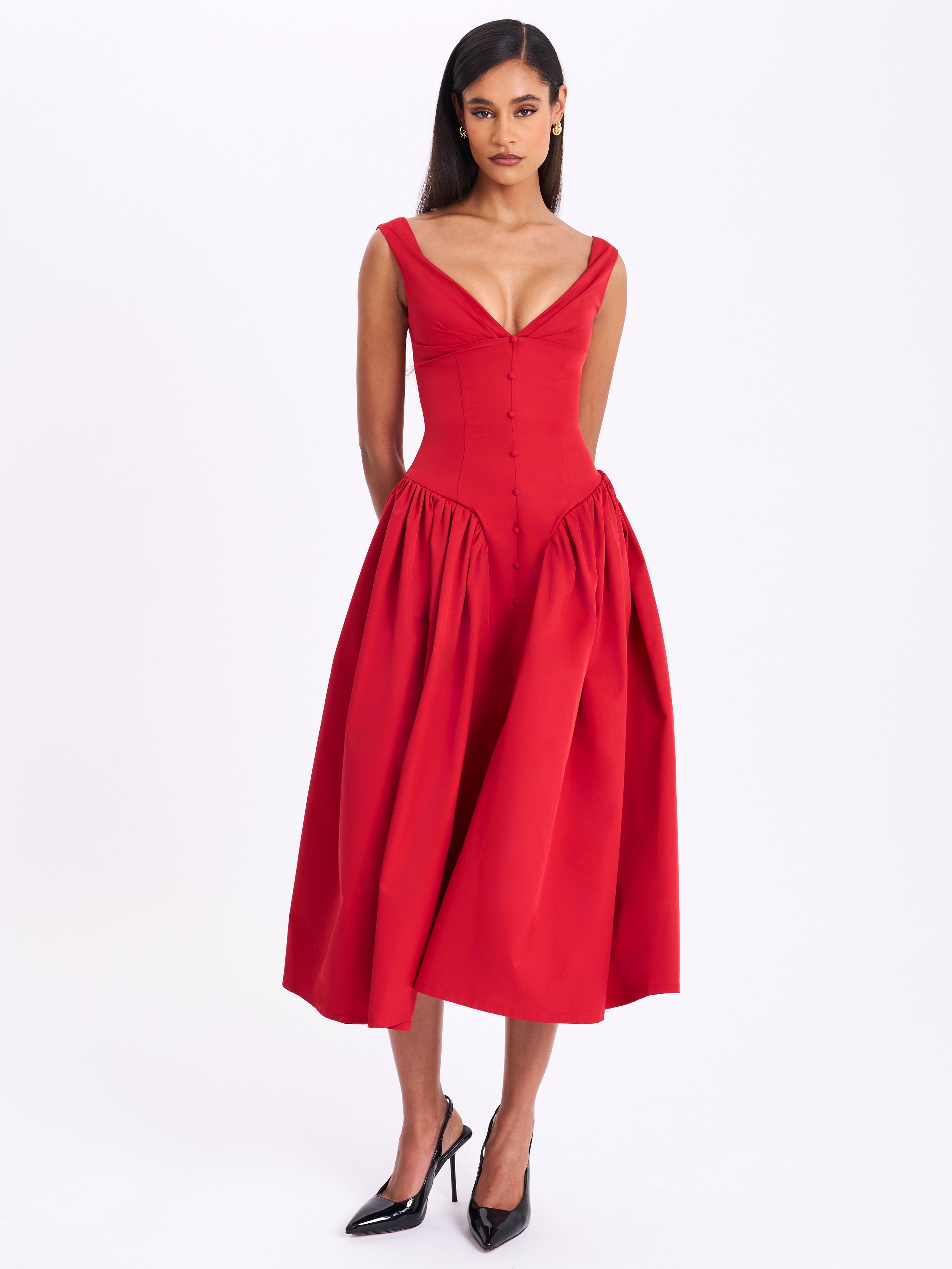 Nahla Red Drop Waist Midi Dress with Buttons