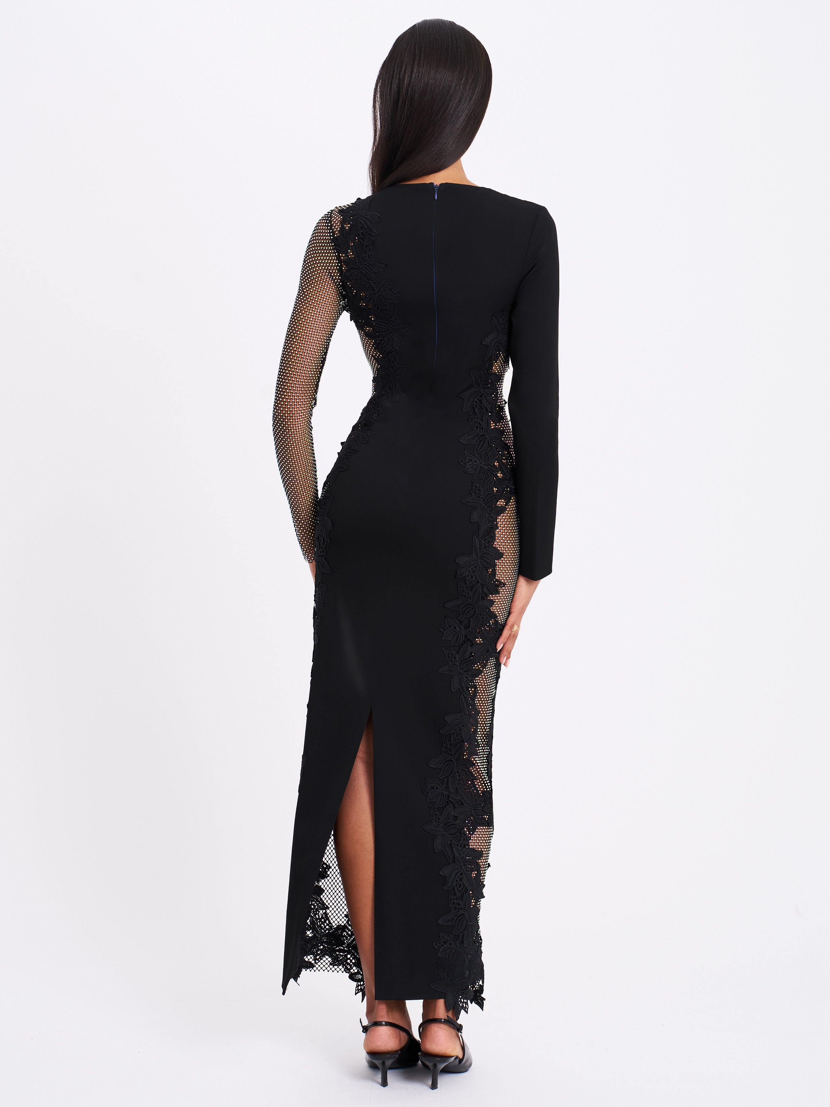 Bailey Lace Trim Crystal Net Cutout Long Sleeve Gown