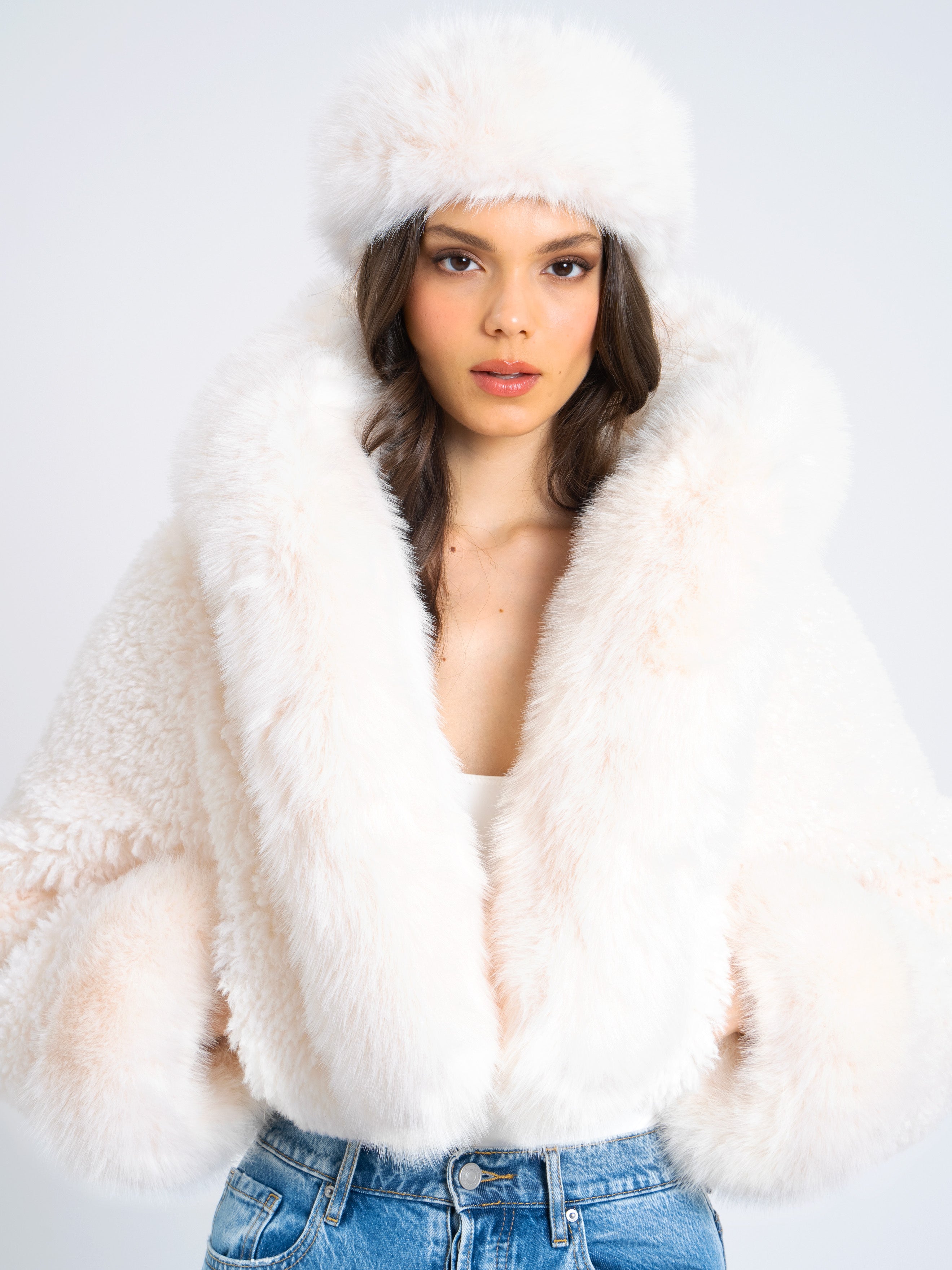 Kali White Faux Fur Jacket with Hood