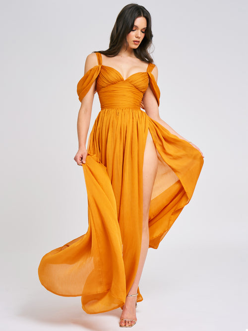 Pleated Mesh Slit Maxi Dress