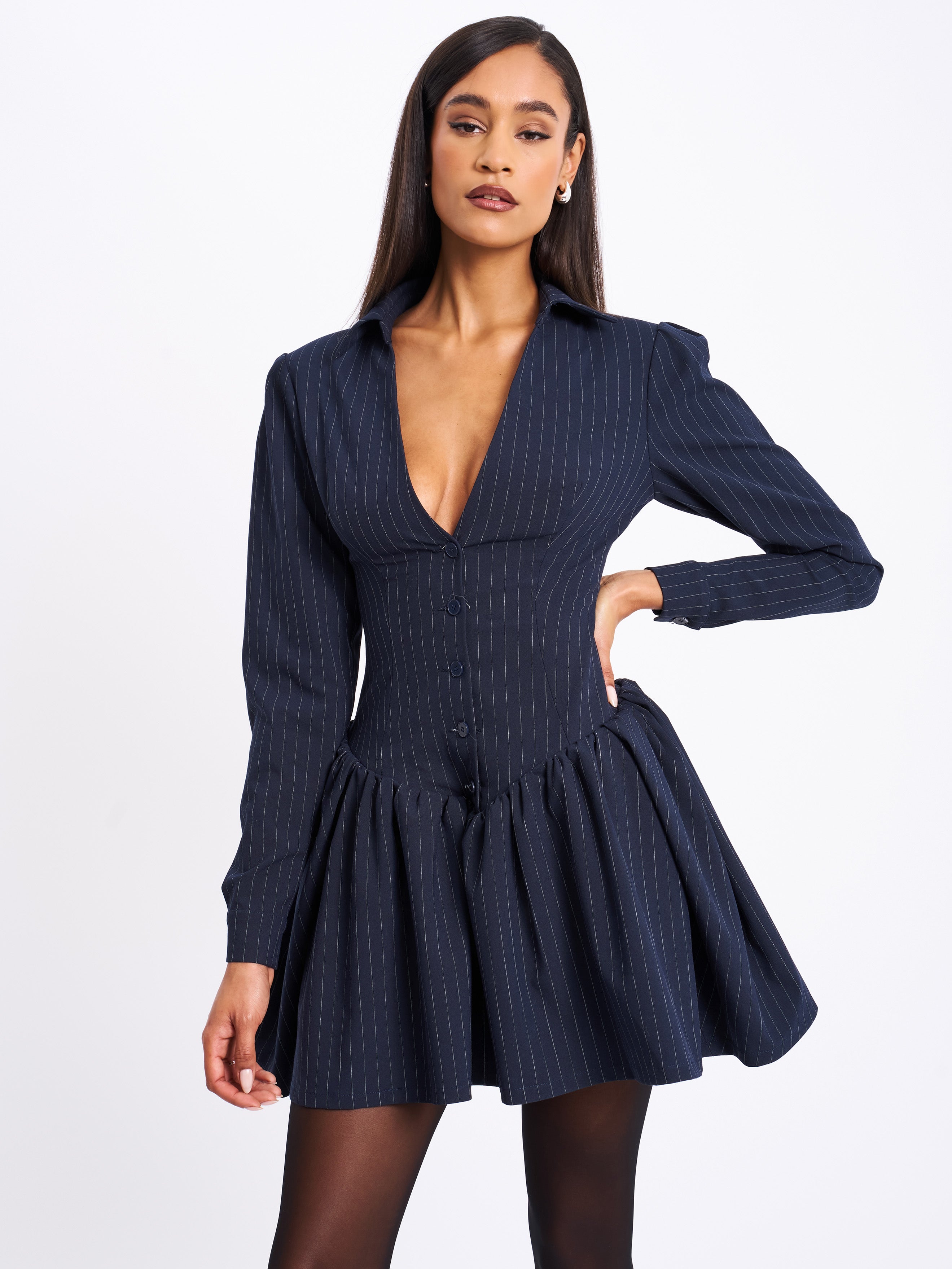 Xabrina Navyblue Pinstripe Long Sleeve Shirt Mini Dress