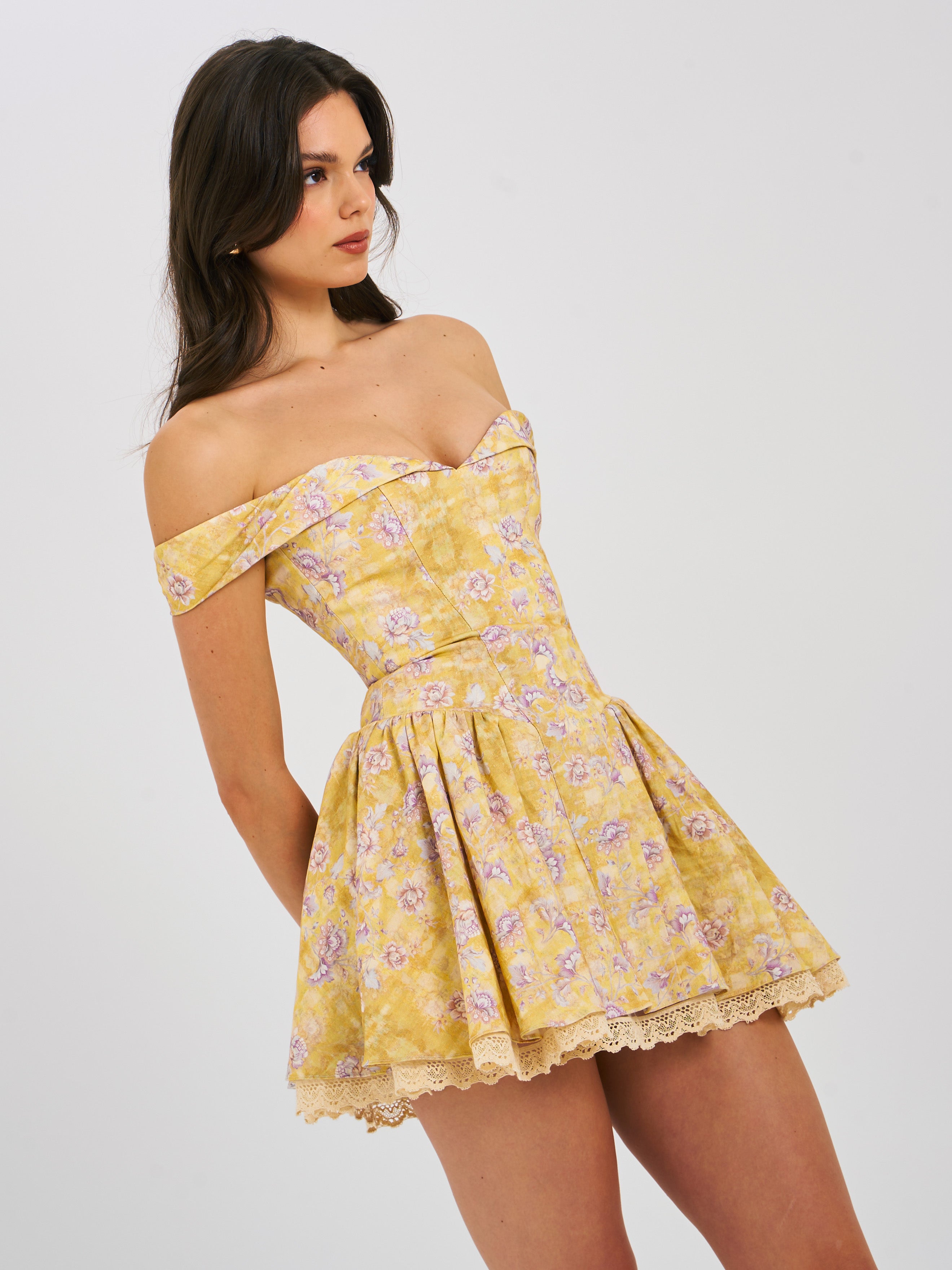 Oana Floral Print Linen Collared Off Shoulder Mini Dress