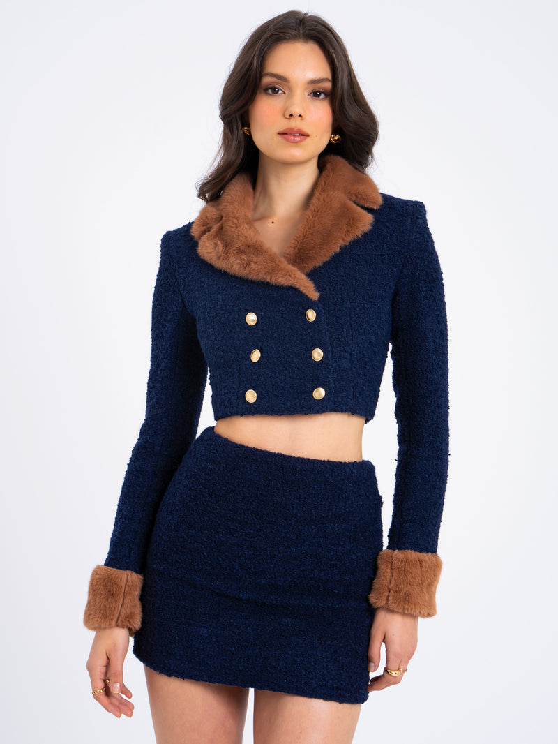 Wylda Navy Blue Boucle Wool Bodycon Mini Skirt