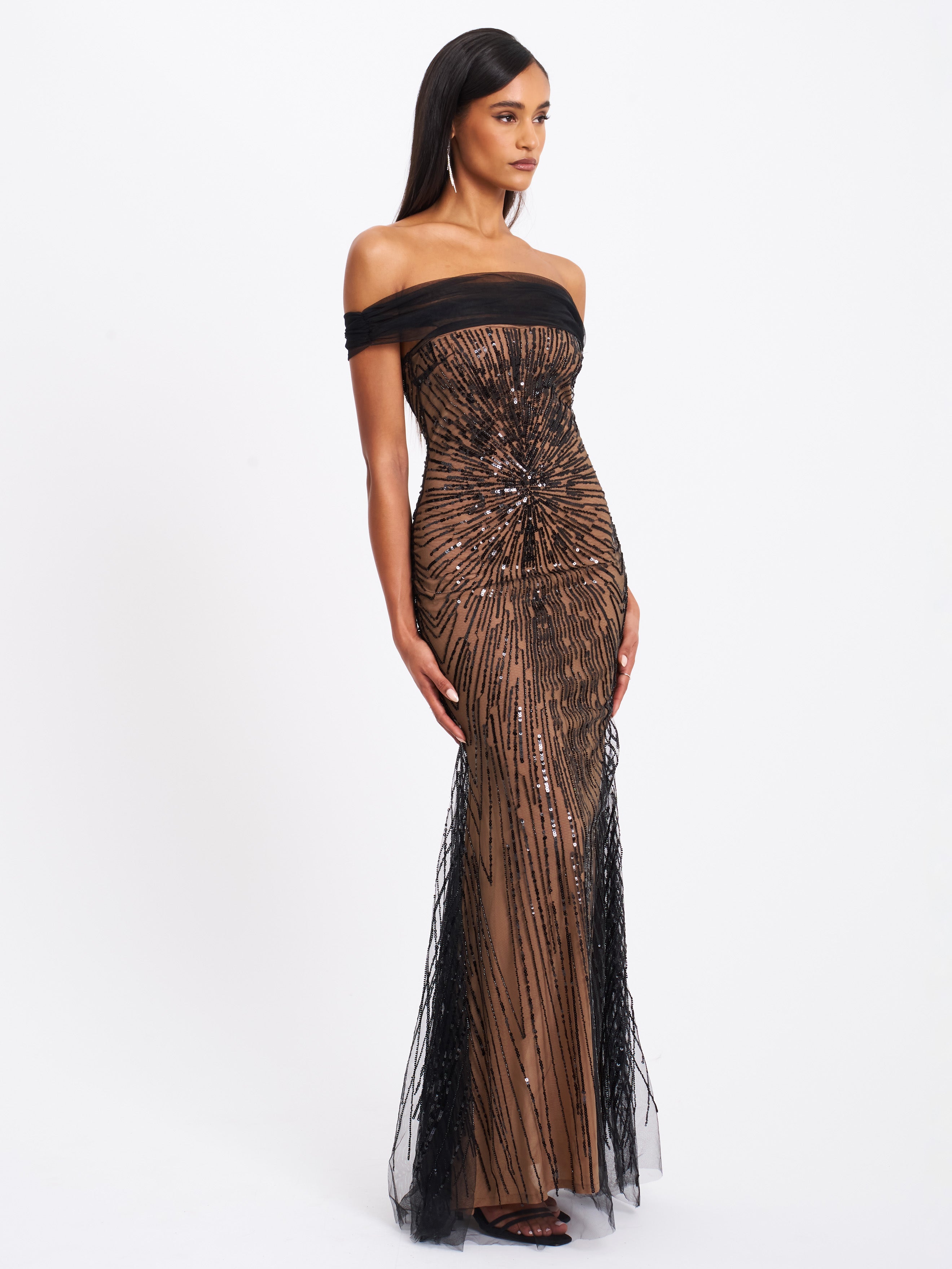 Qeturah Embroidered Sequin Off Shoulder Mesh Gown