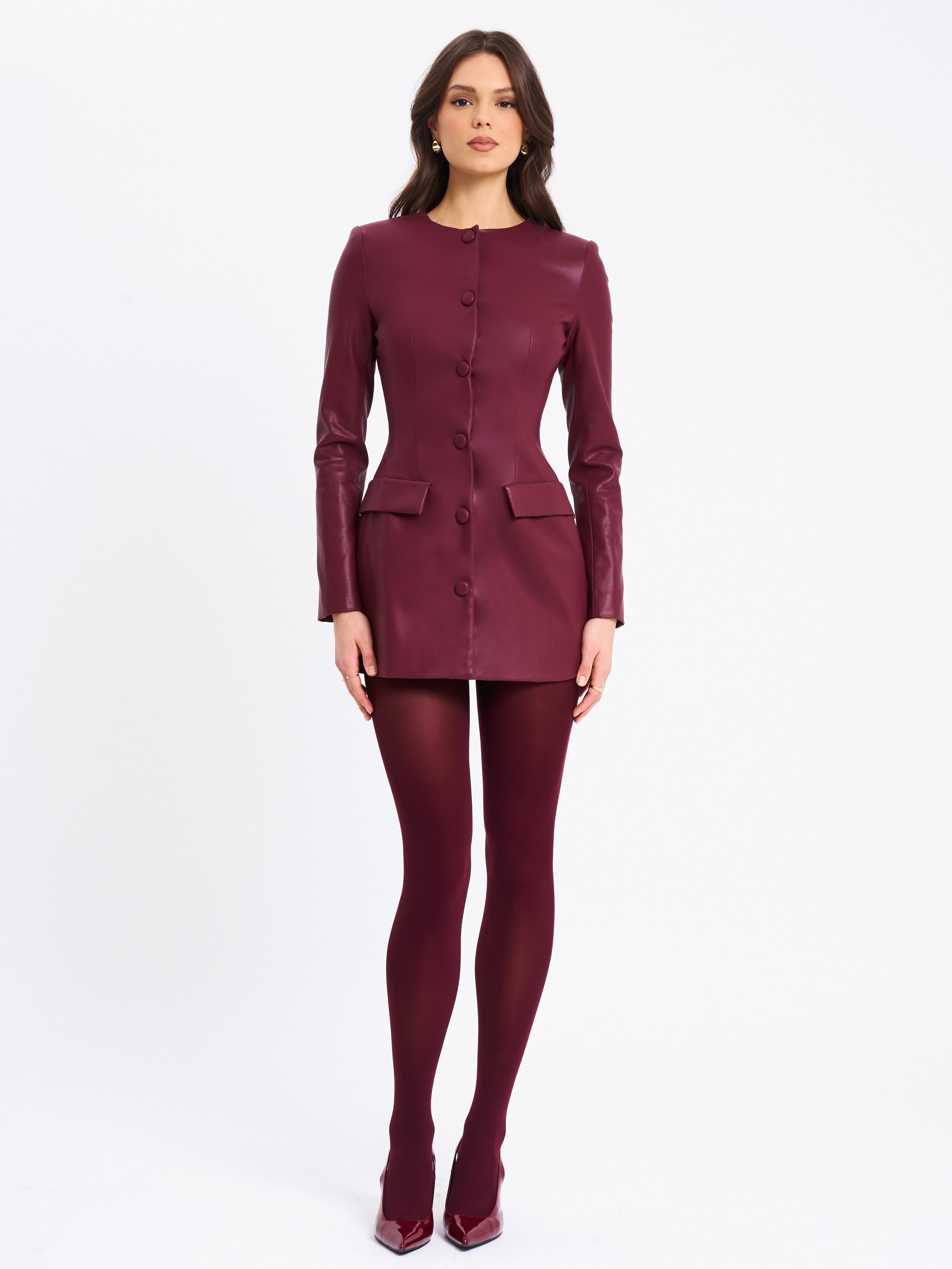 Baila Burgundy Vegan Leather Blazer Mini Dress