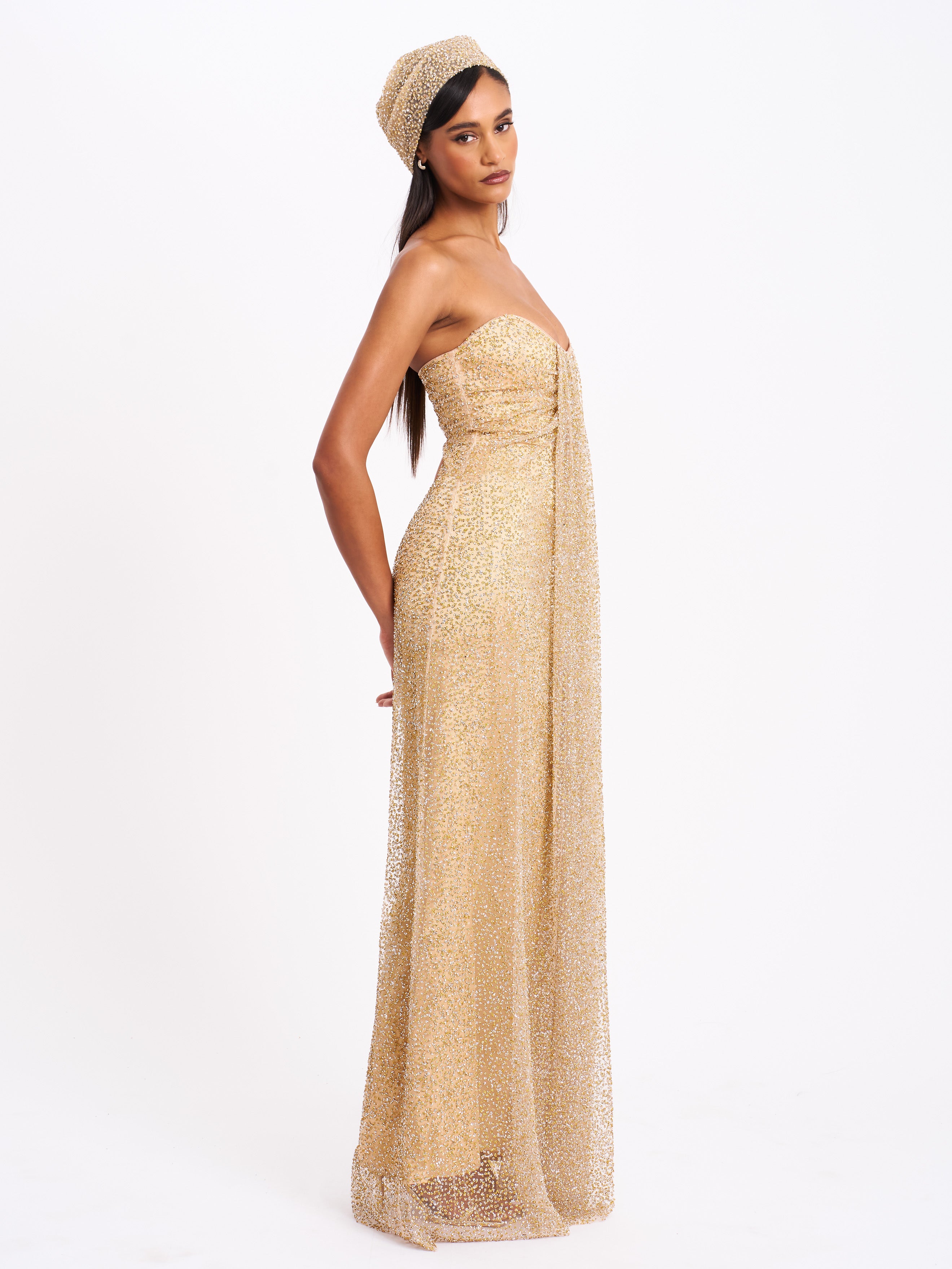 Ada Gold Rhinestone Embellished Strapless Gown with Head Scarf