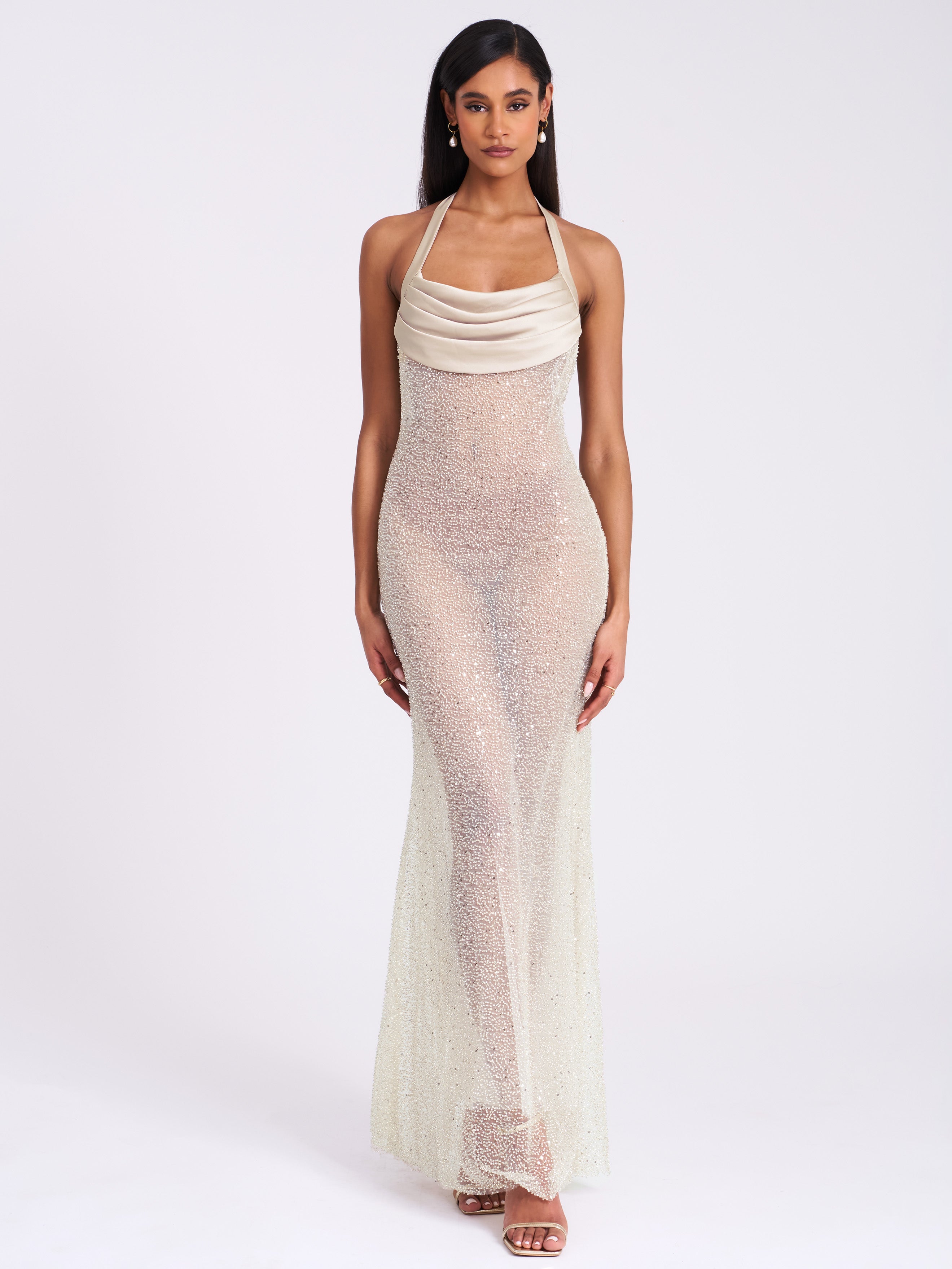 Zahya Lime Halter Backless Beaded Mesh Gown