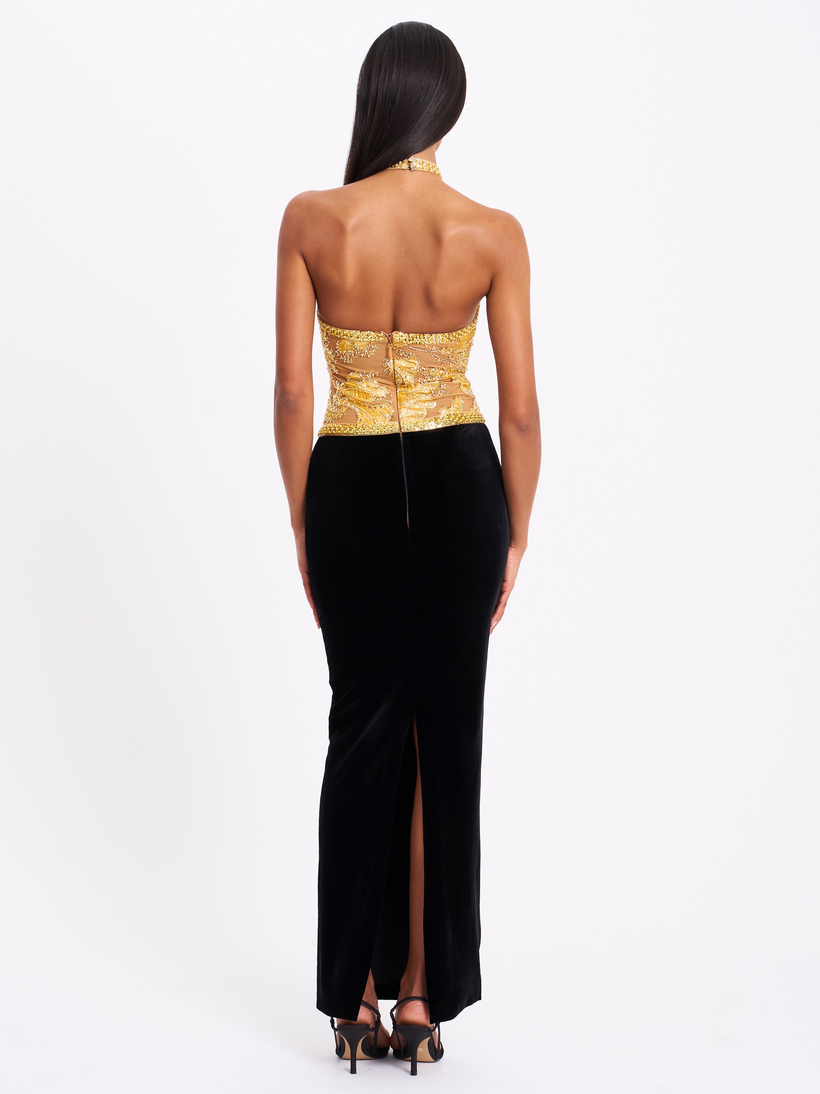 Gazelle Gold Embroidered Vintage Style Maxi Dress