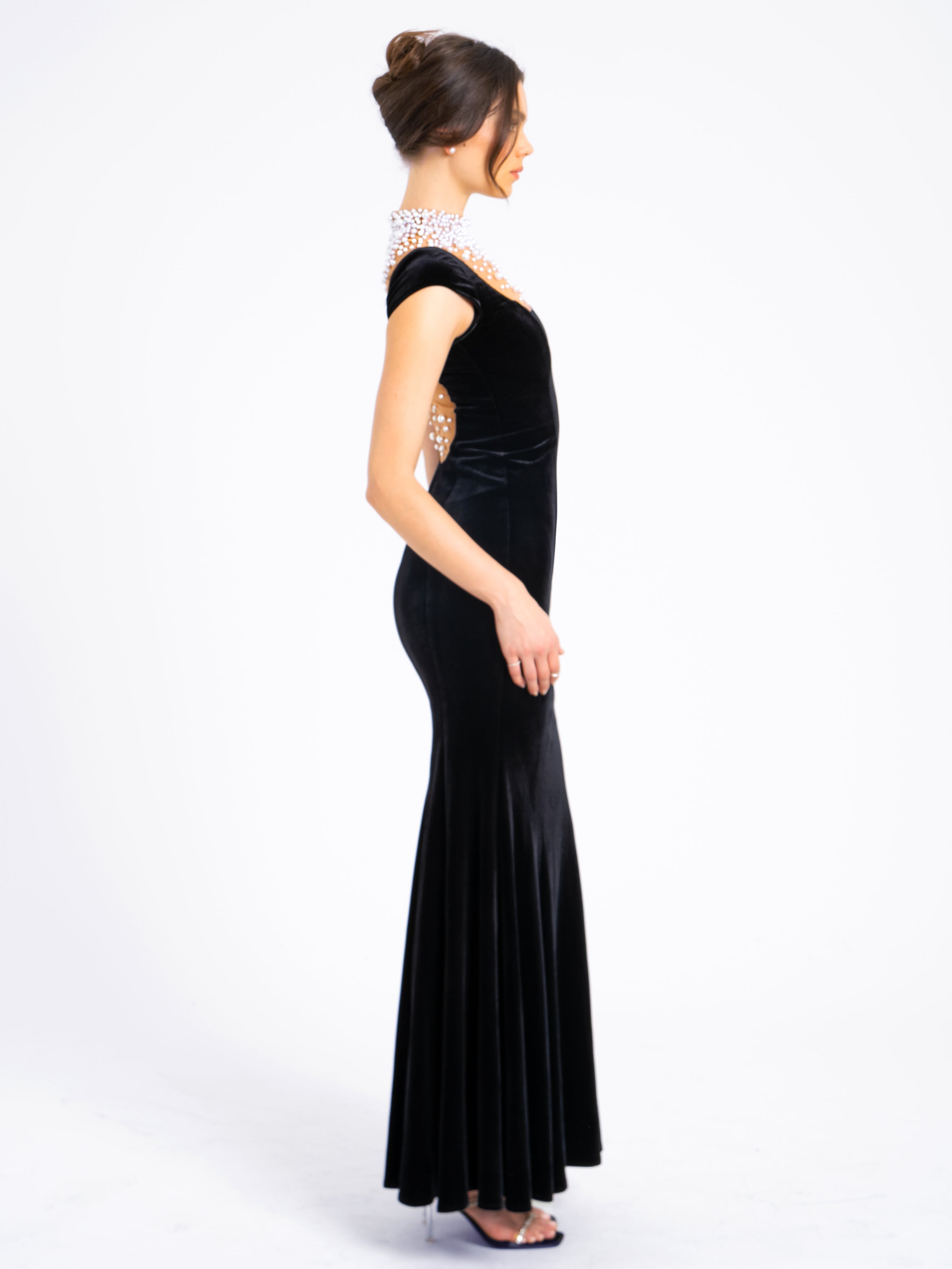 Rachael Black Velvet Pearl Embellished Gown