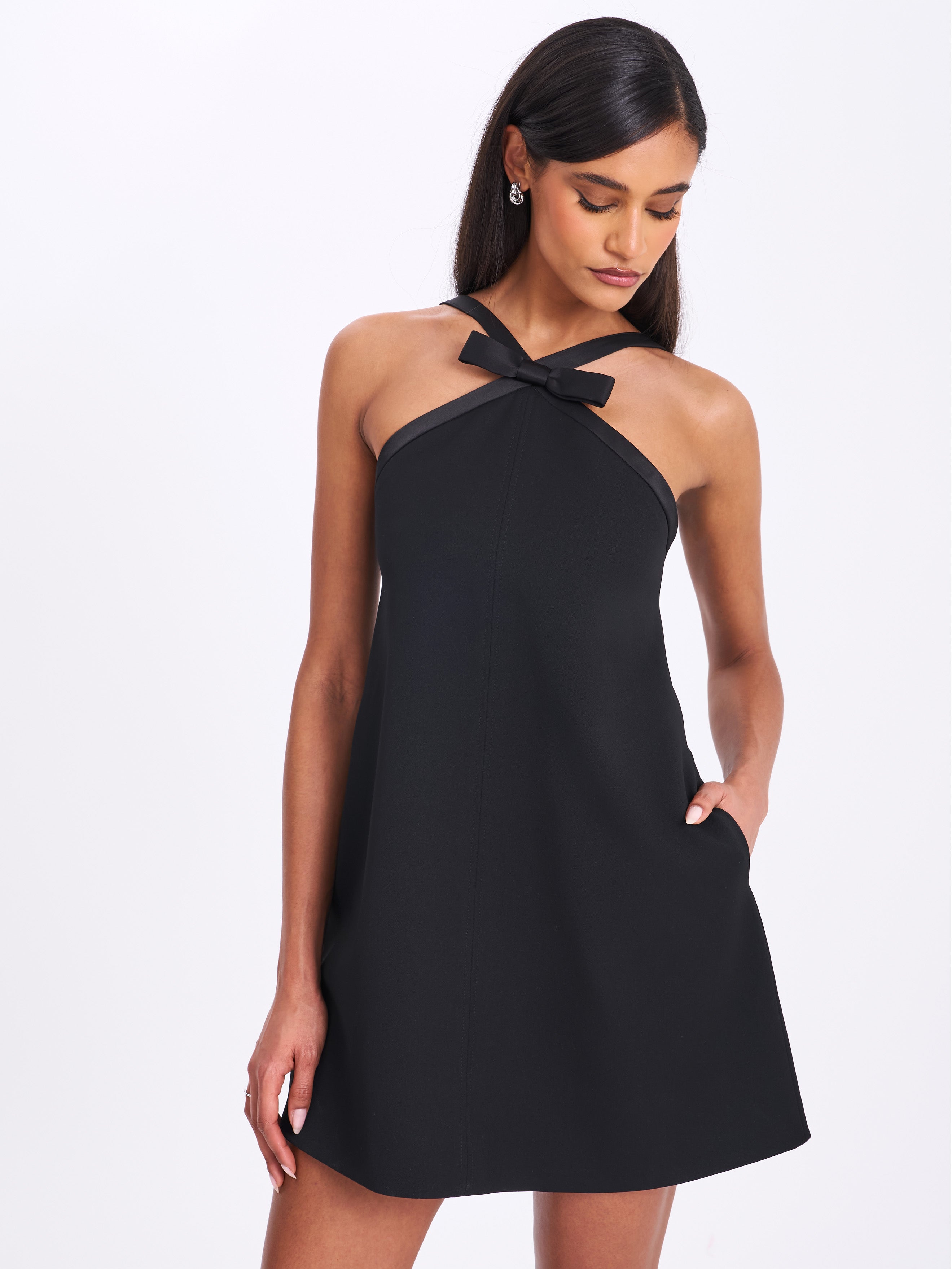 Caitlin Black Satin Trim Mini Dress with Bow