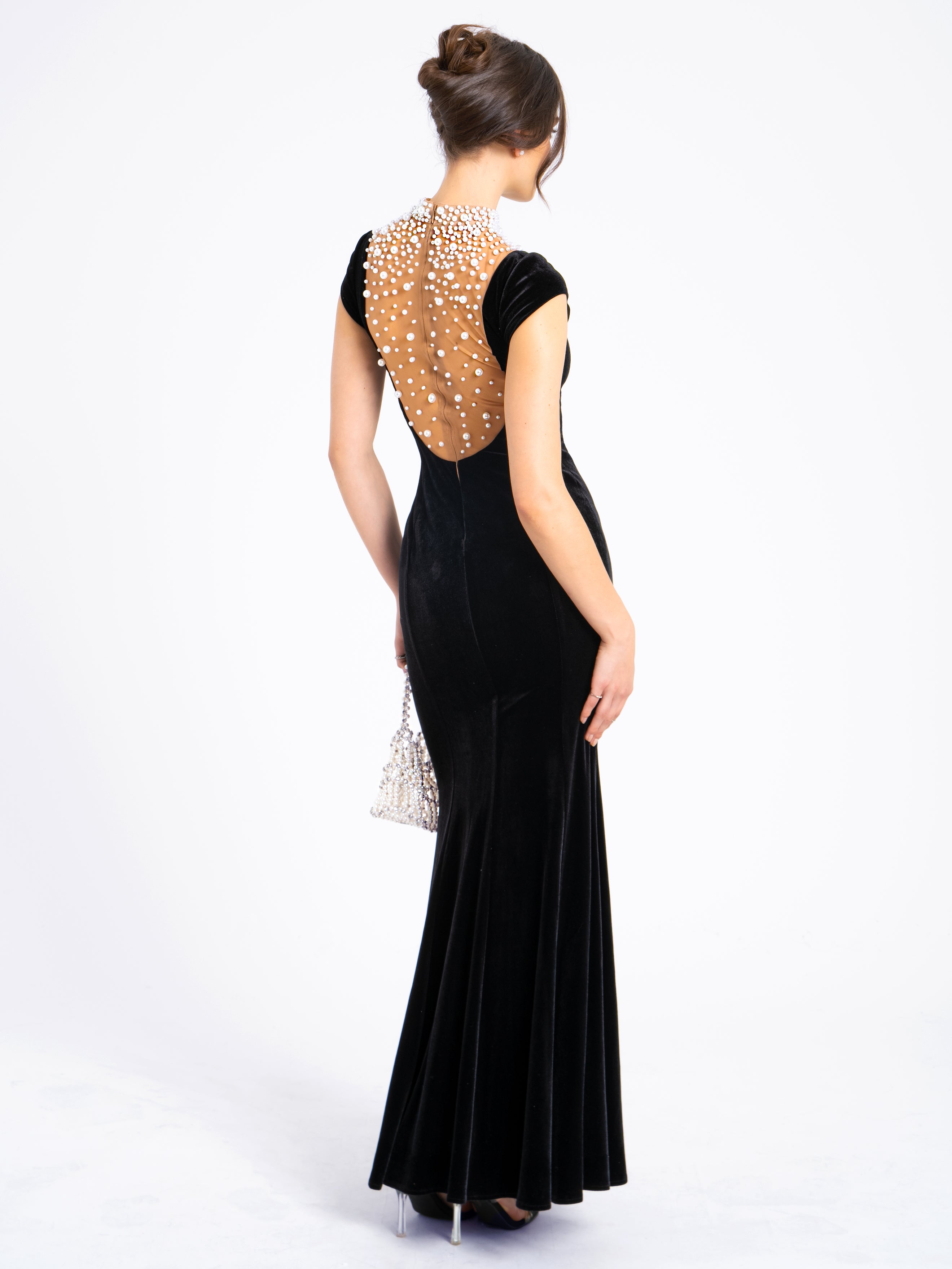 Rachael Black Velvet Pearl Embellished Gown