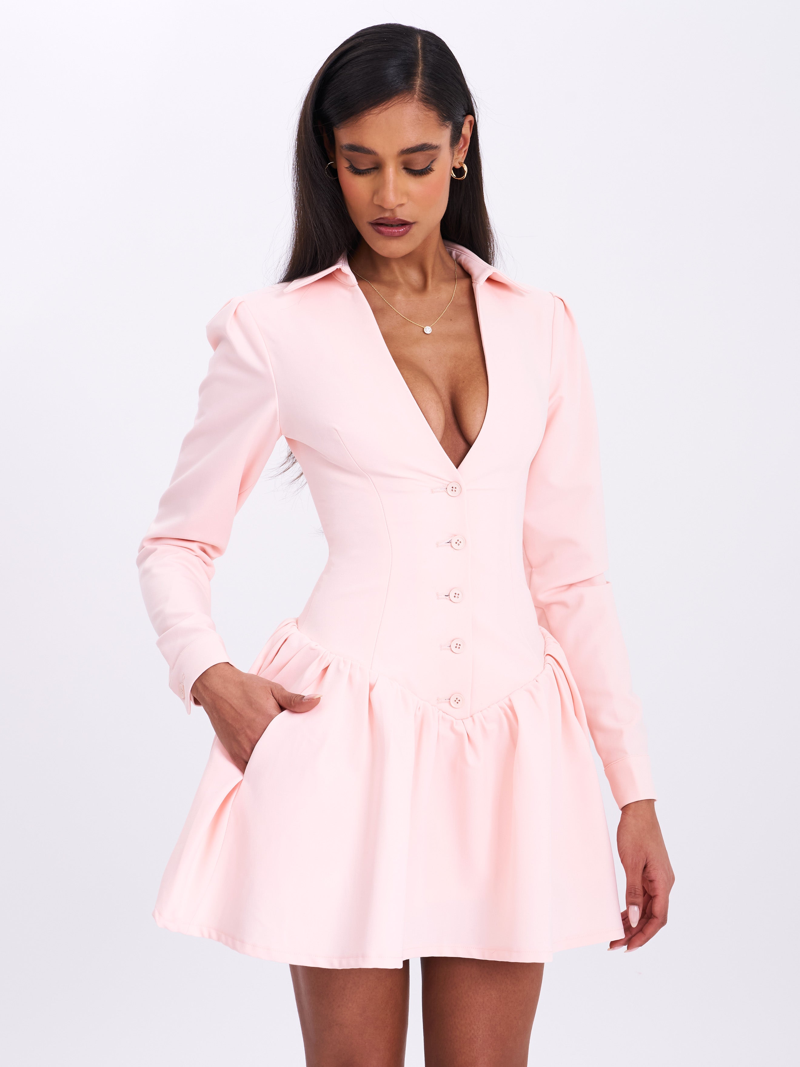 Xabrina Macaron Pink Long Sleeve Shirt Mini Dress