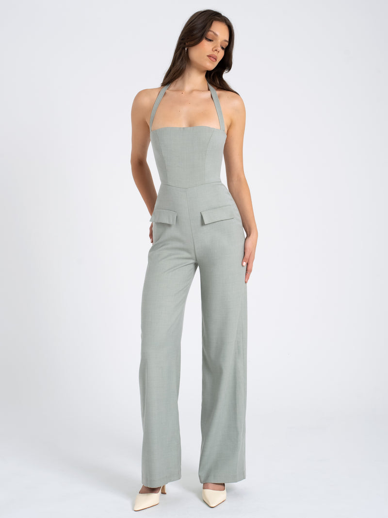 Zaria Sage Green Wide Leg Halter Jumpsuit