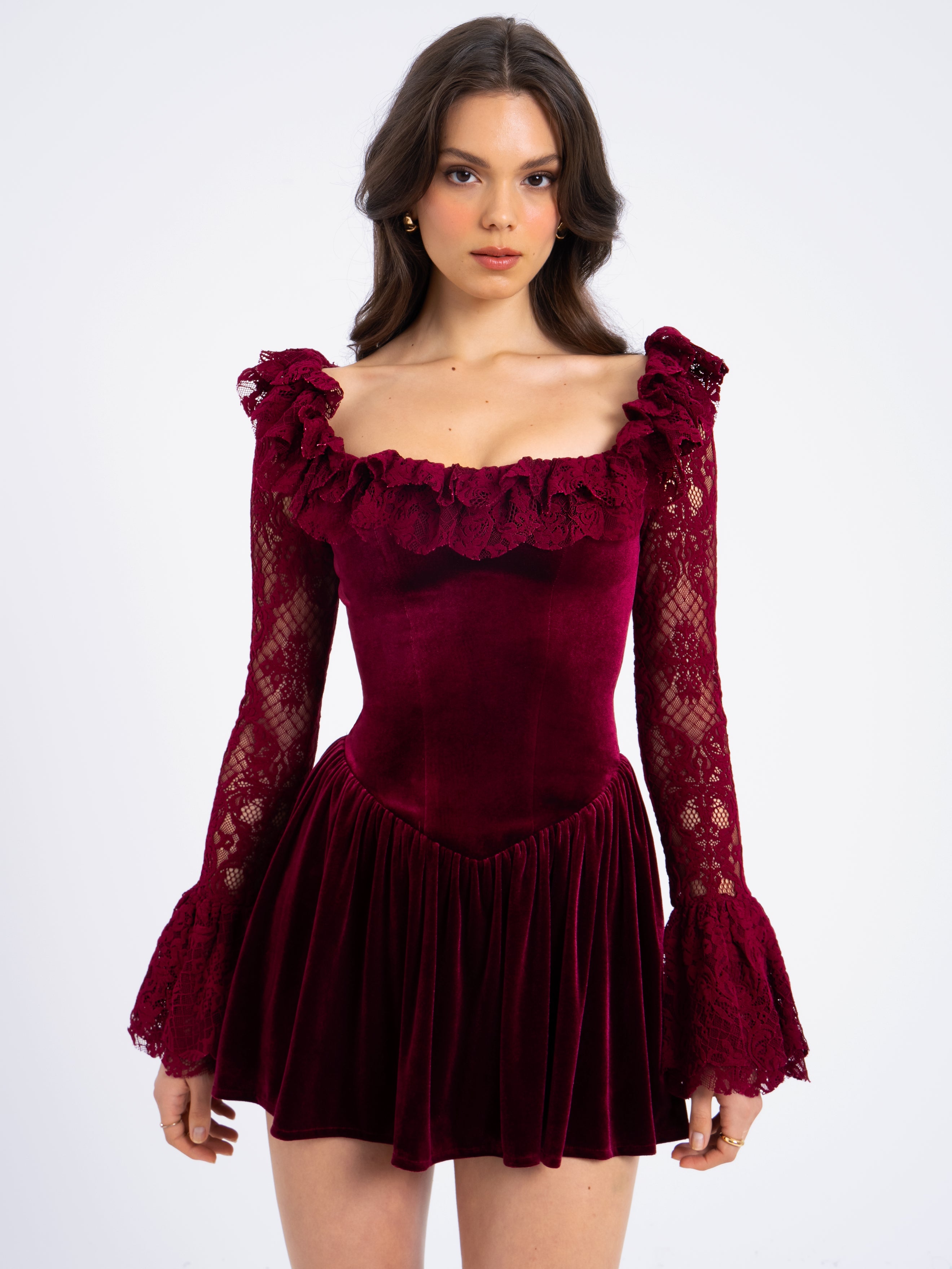 Yachira Burgundy Velvet Lace Flare Sleeve Mini Dress