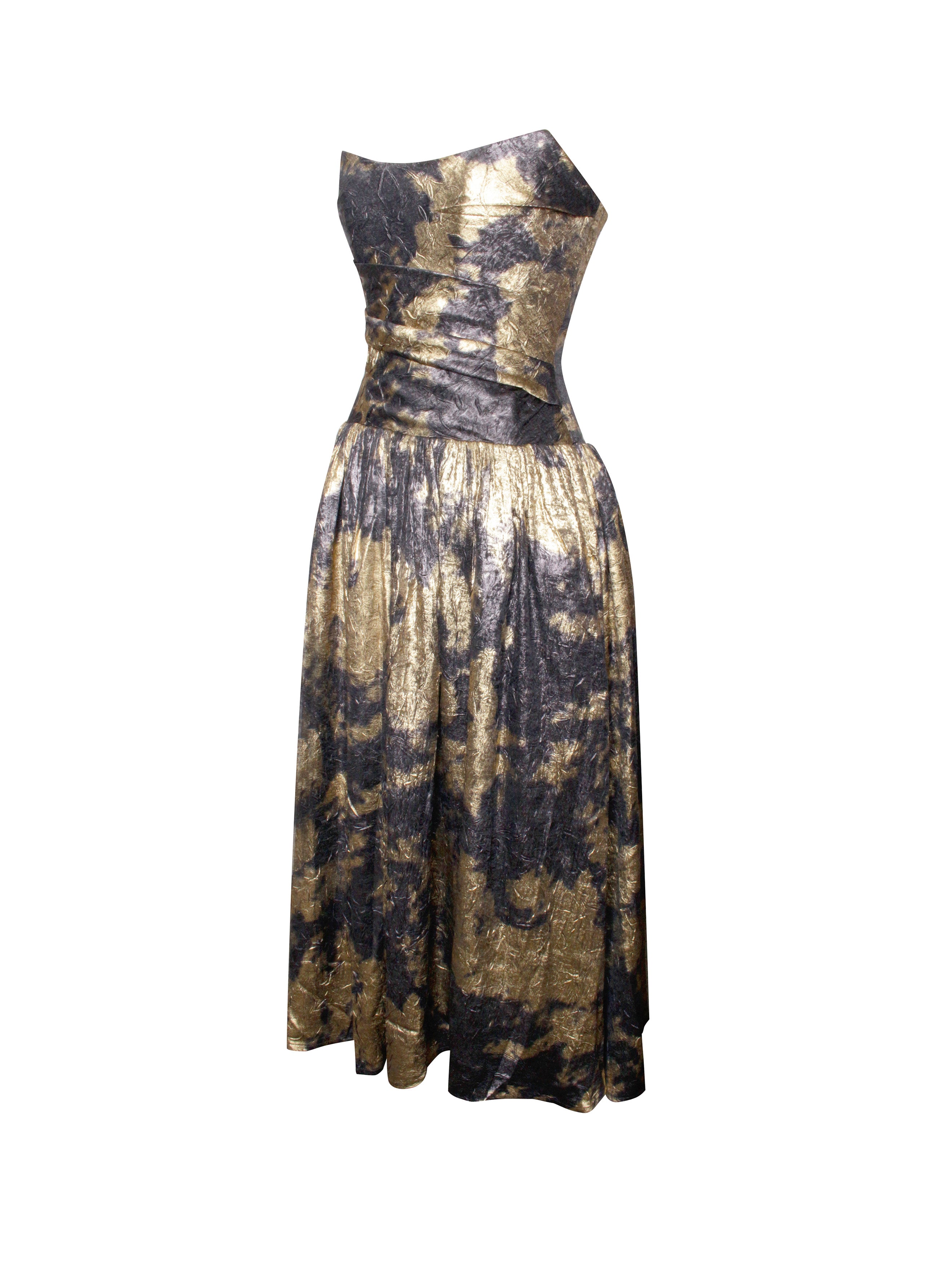 Saanvi Gold Tie Dye Bronzing Strapless Drop Waist Midi Dress