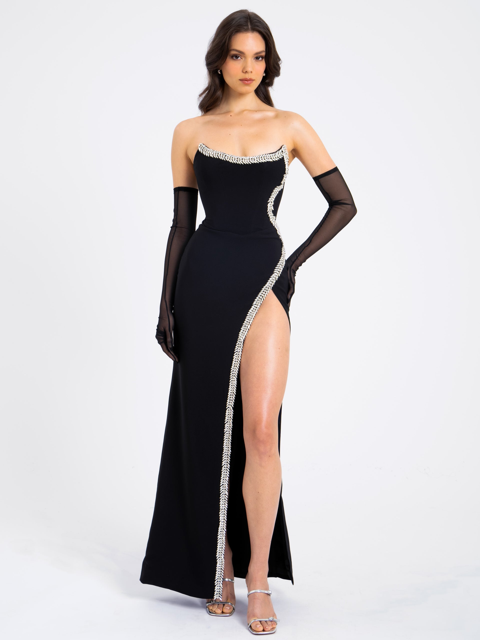 Xoana Black Crystal Embellished High Slit Gown M / US 6-8 Xoana Black Crystal Embellished High Slit Gown M / US 6-8