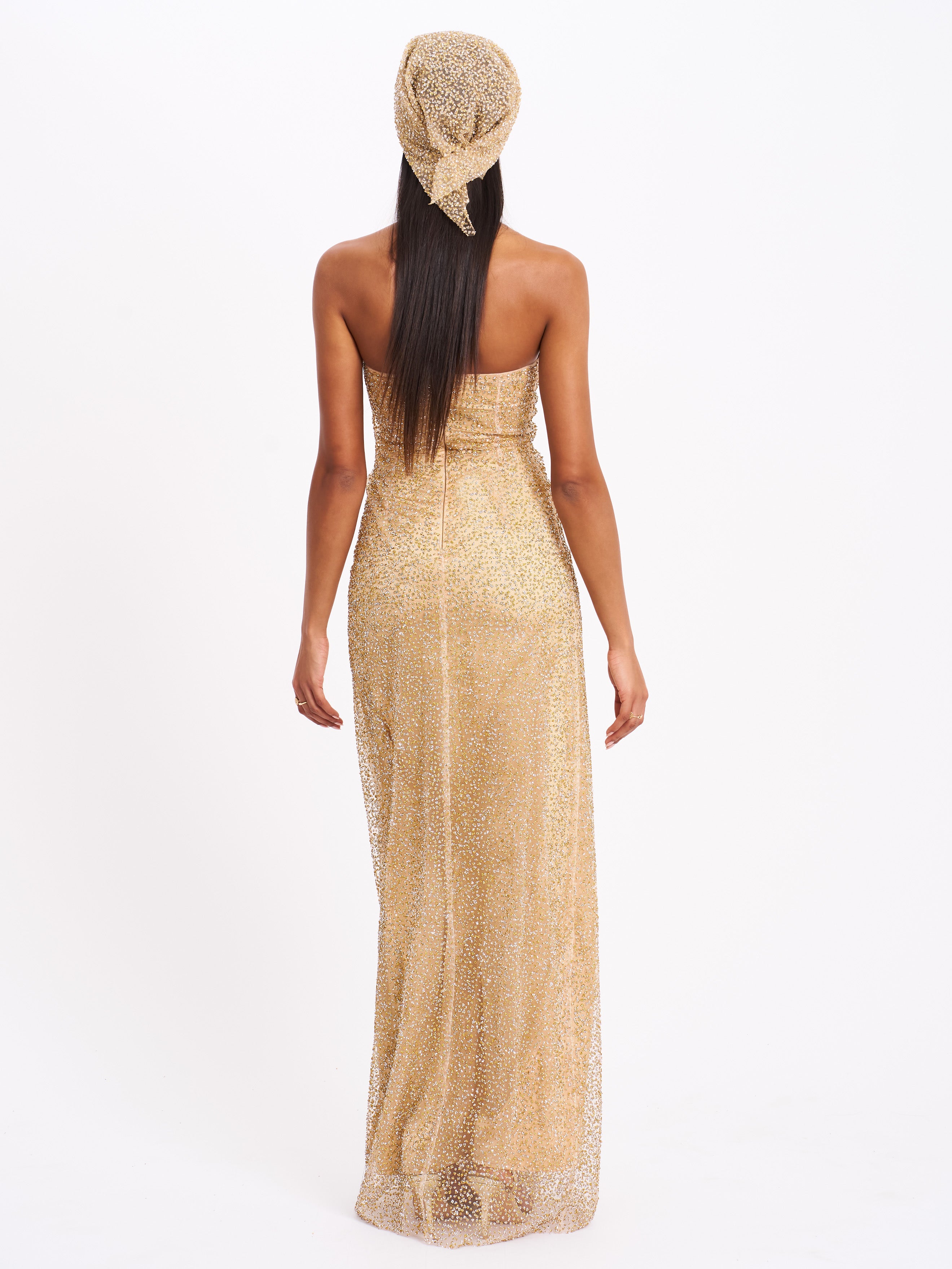 Ada Gold Rhinestone Embellished Strapless Gown with Head Scarf