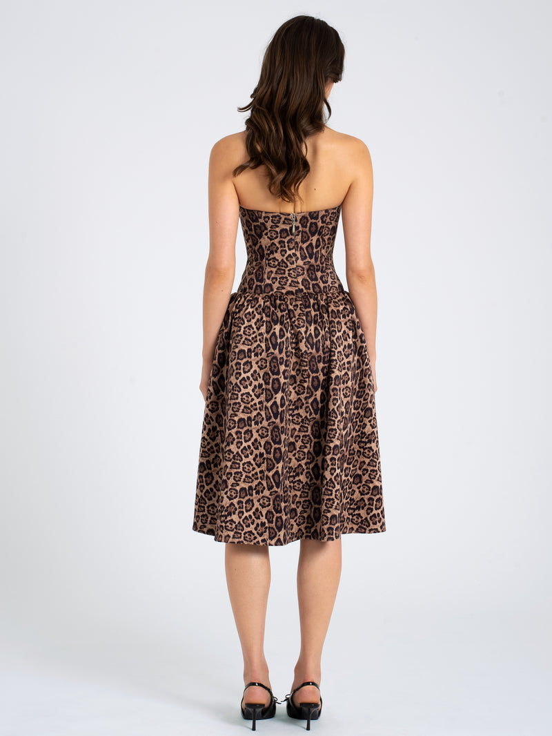 Uchenna Cheetah Print Stretchy Strapless Midi Dress with lace trim