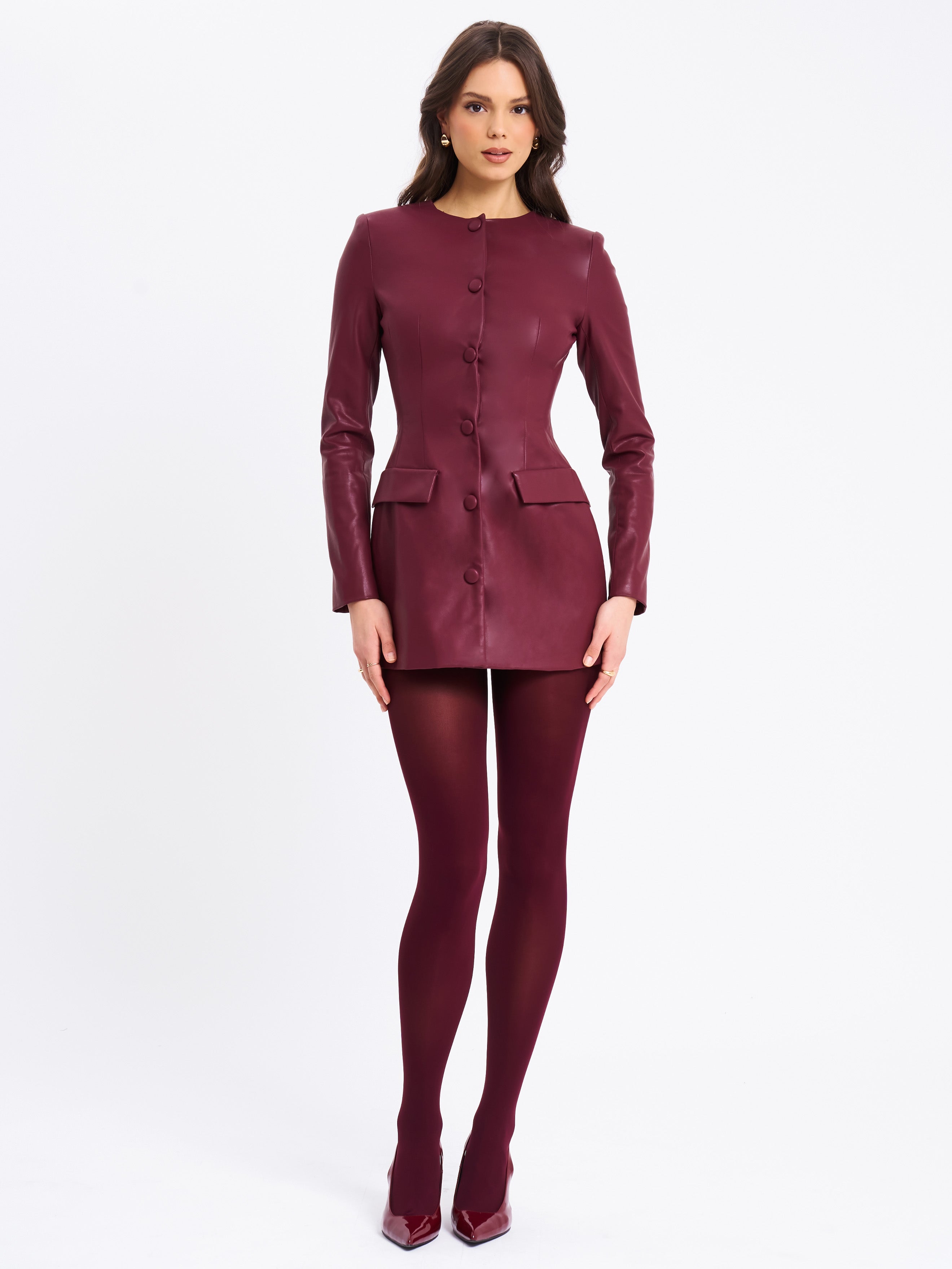 Baila Burgundy Vegan Leather Blazer Mini Dress