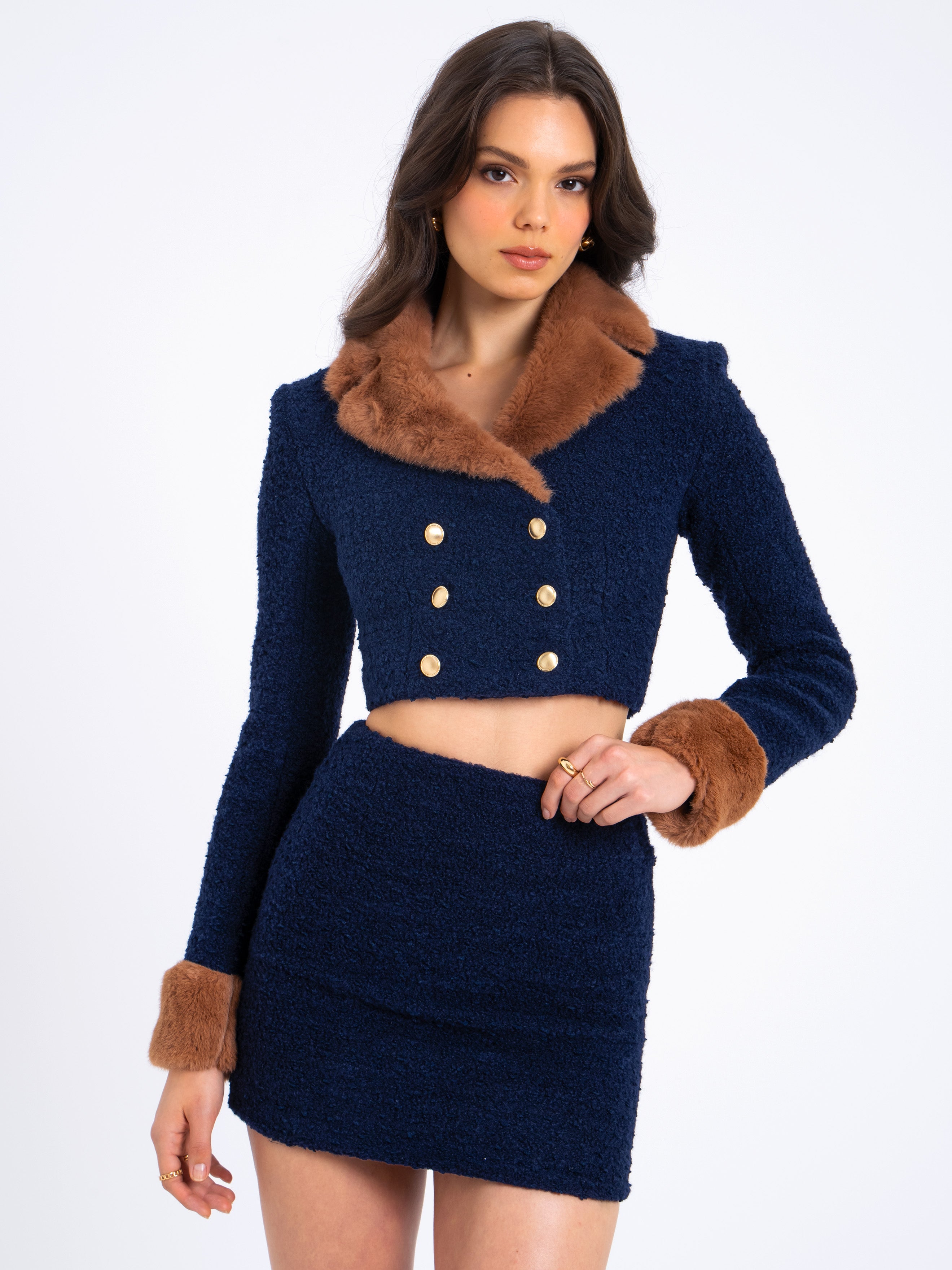 Wylda Navy Blue Boucle Wool Bodycon Mini Skirt