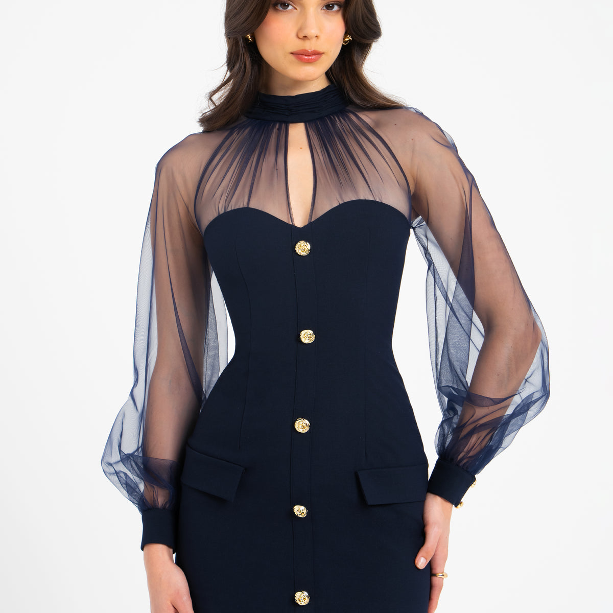Tabitha Navy Blue Mesh Lantern Sleeve Mini Dress (Archive Sale)