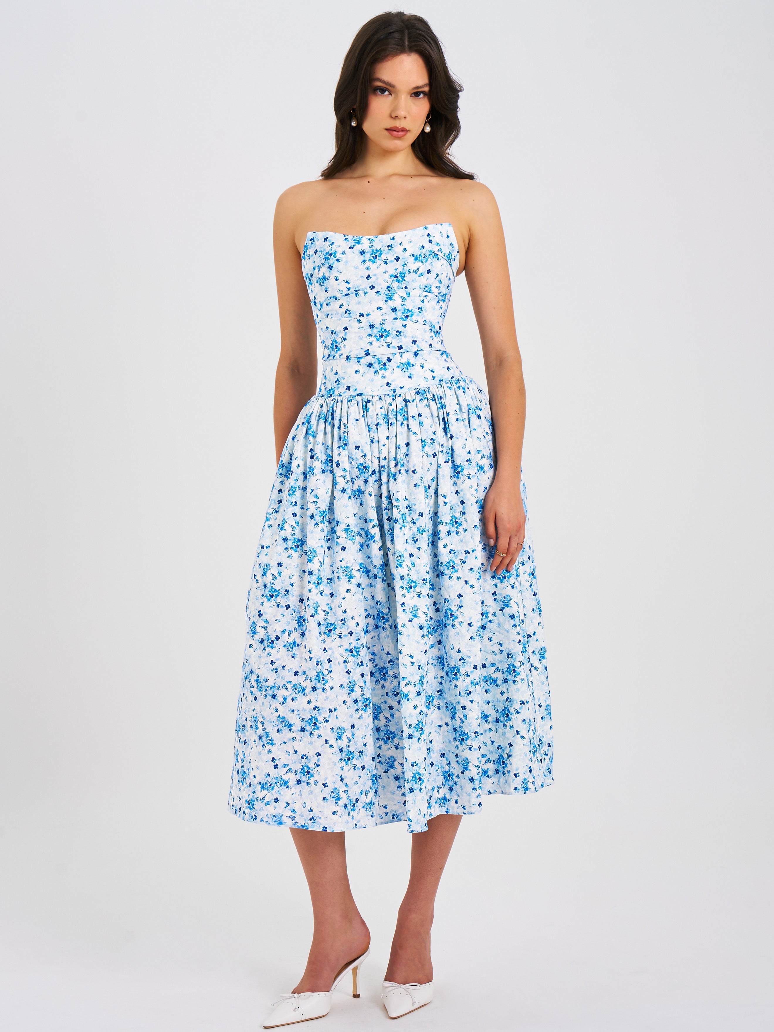 Paloma Blue Print Linen Corset Draping Top Midi Dress