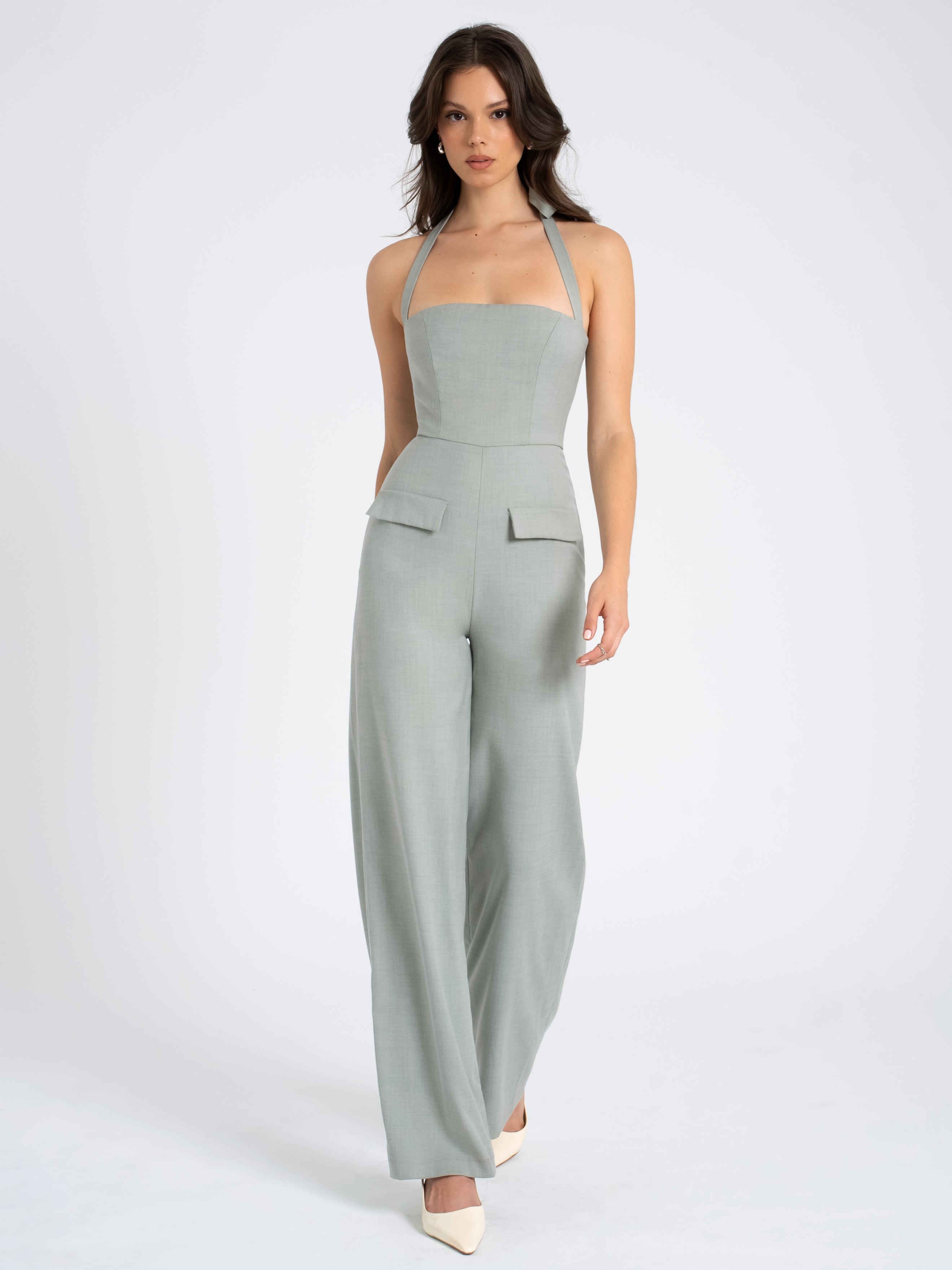 Zaria Sage Green Wide Leg Halter Jumpsuit