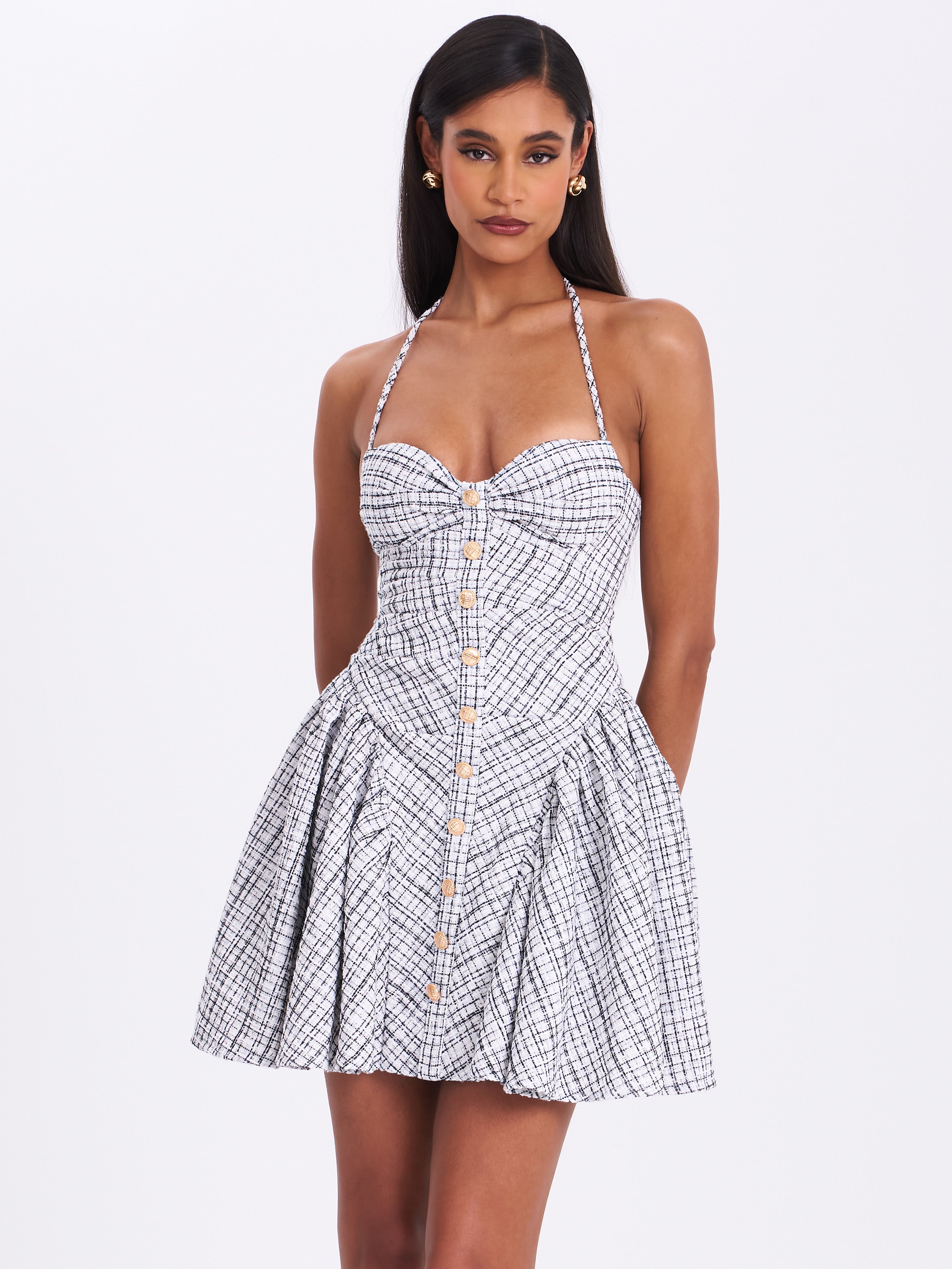 Melody Black and White Plaid Tweed Halter Drop Waist Mini Dress