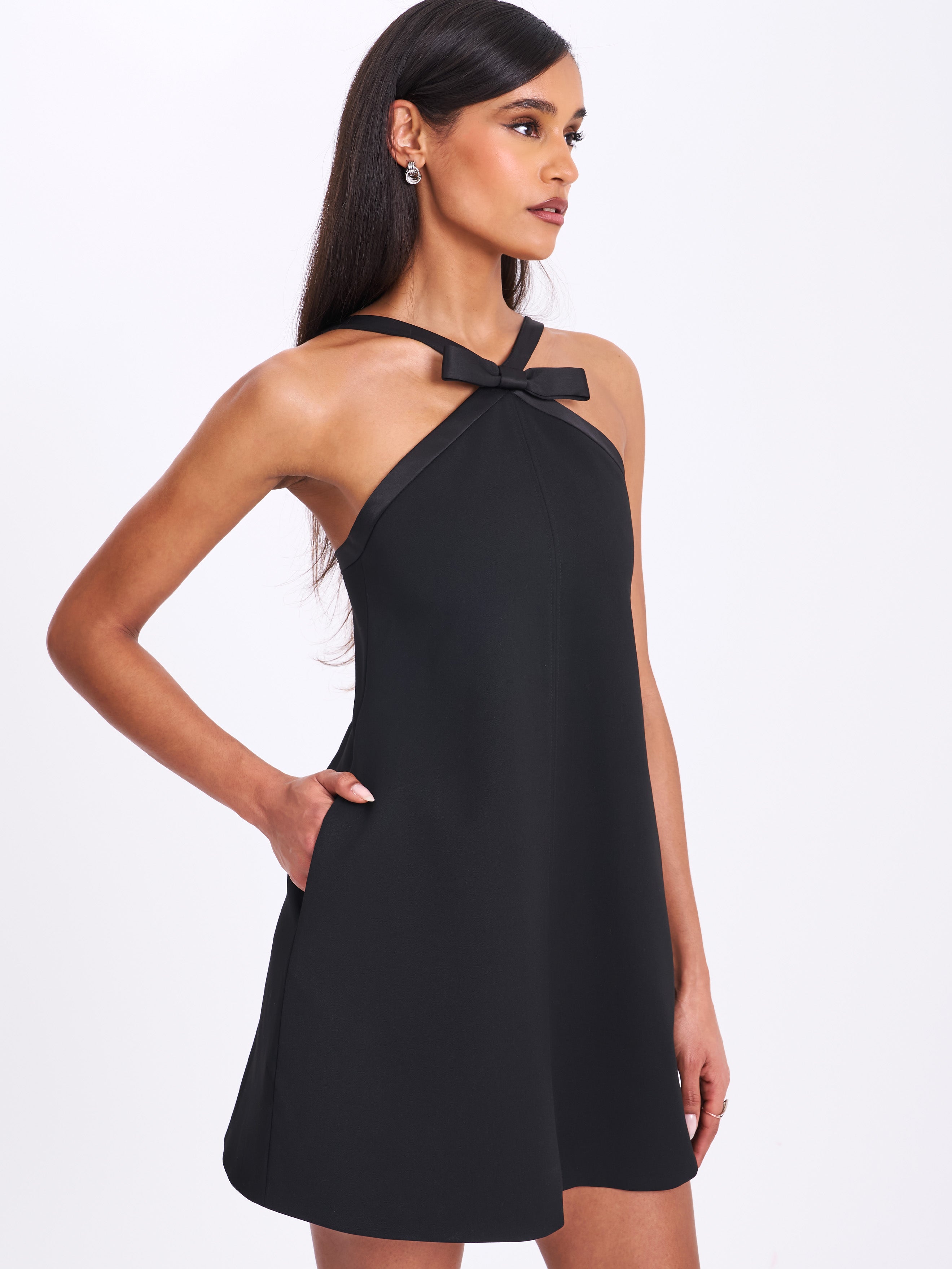 Caitlin Black Satin Trim Mini Dress with Bow