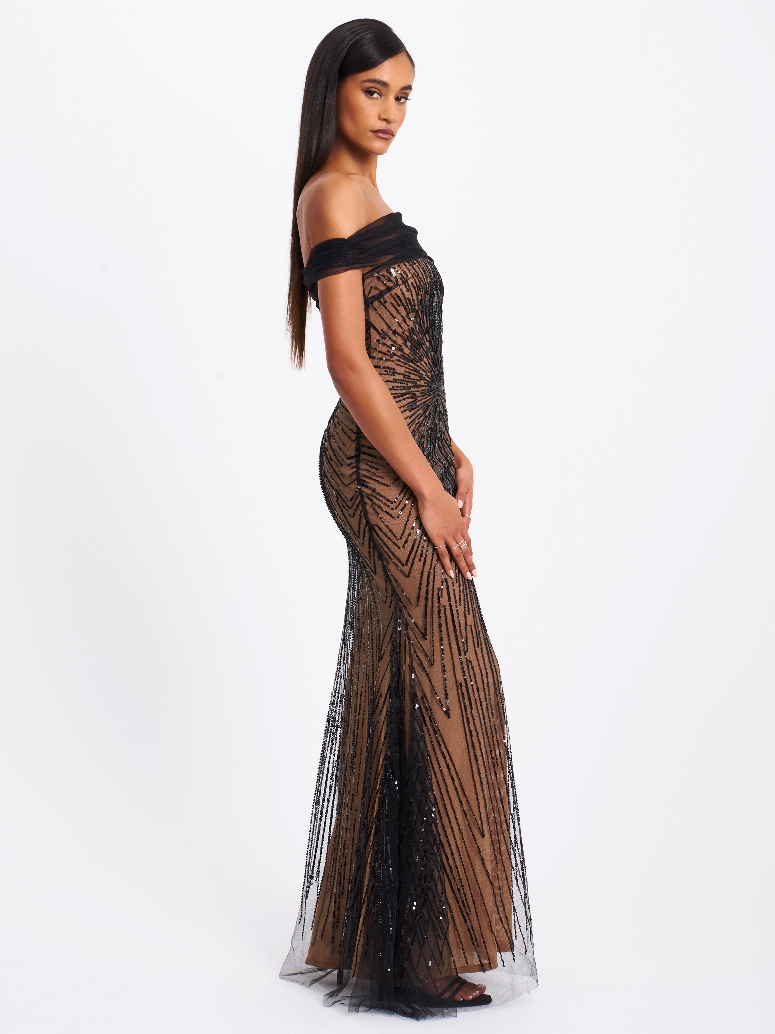 Qeturah Embroidered Sequin Off Shoulder Mesh Gown