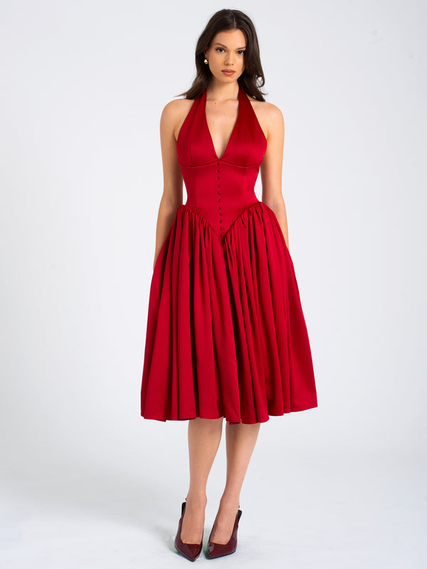 Cara Red Plunging Halter Backless Maxi Dress