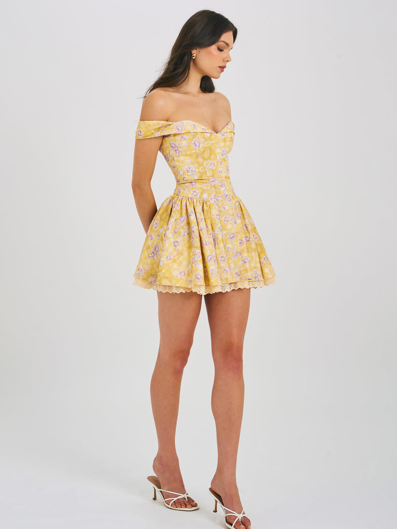 Oana Floral Print Linen Collared Off Shoulder Mini Dress