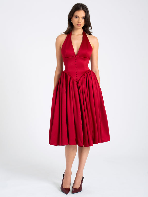 Cara Red Plunging Halter Backless Maxi Dress