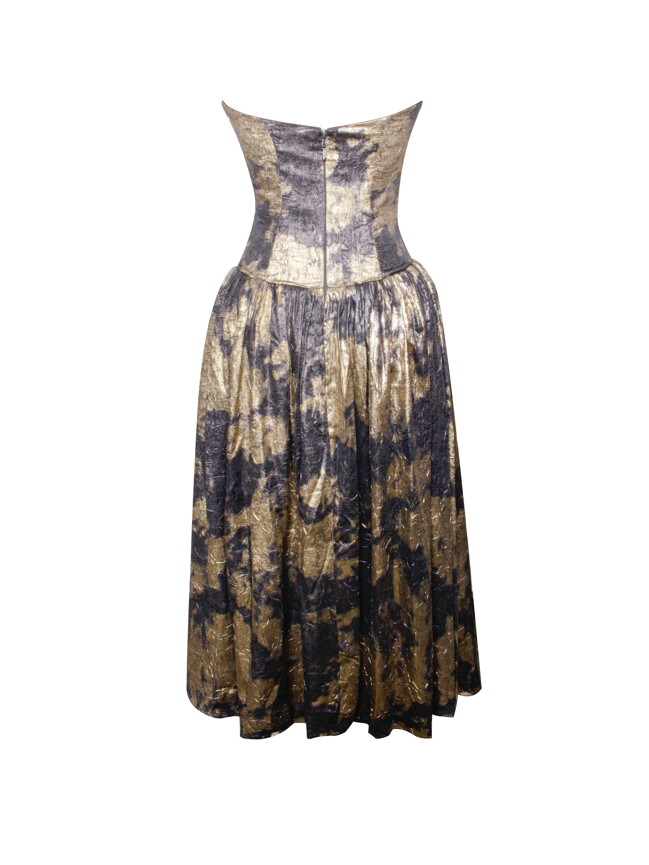 Saanvi Gold Tie Dye Bronzing Strapless Drop Waist Midi Dress