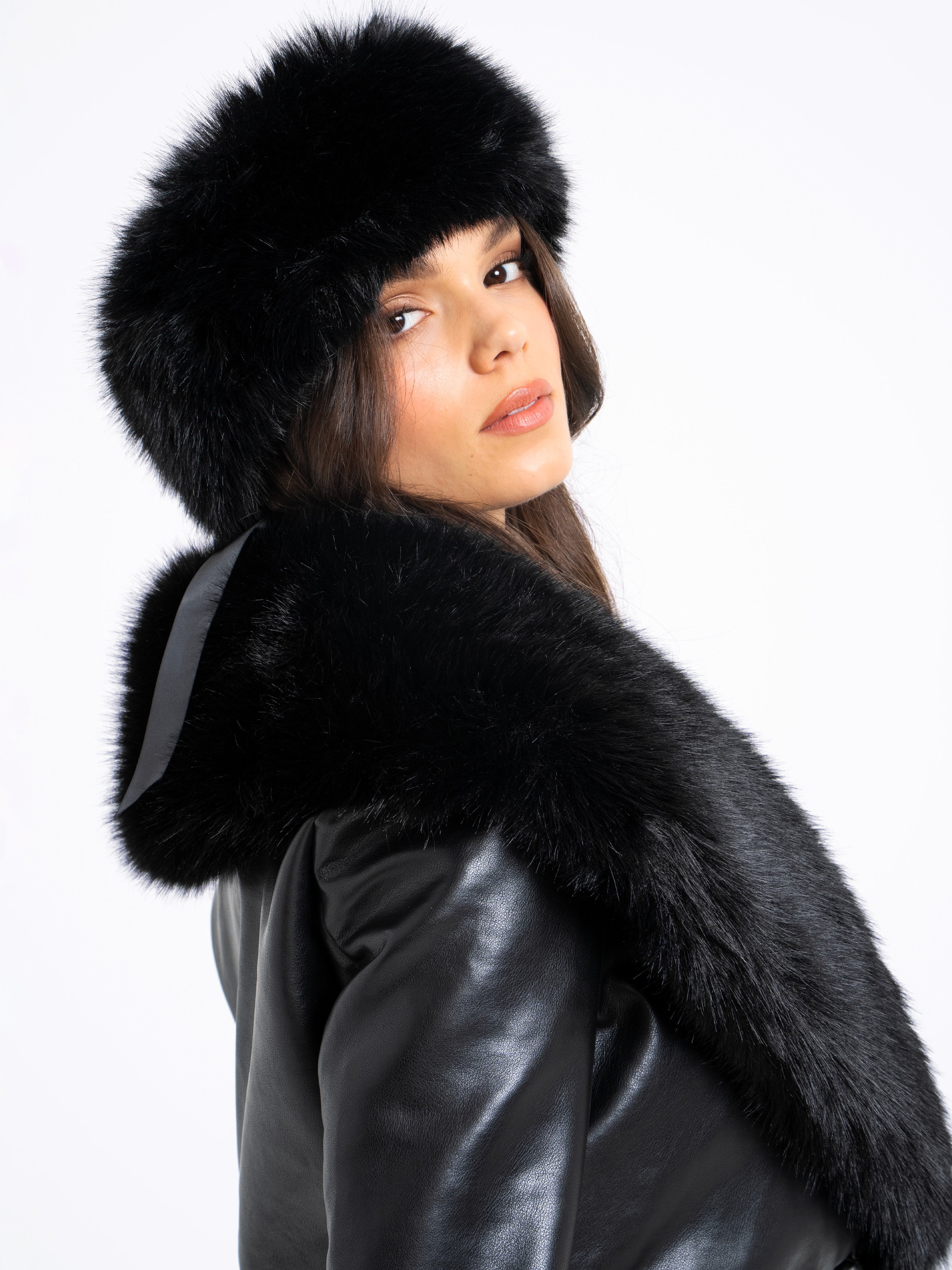 Miss Circle Black Wrap Around Vegan Fur Hat