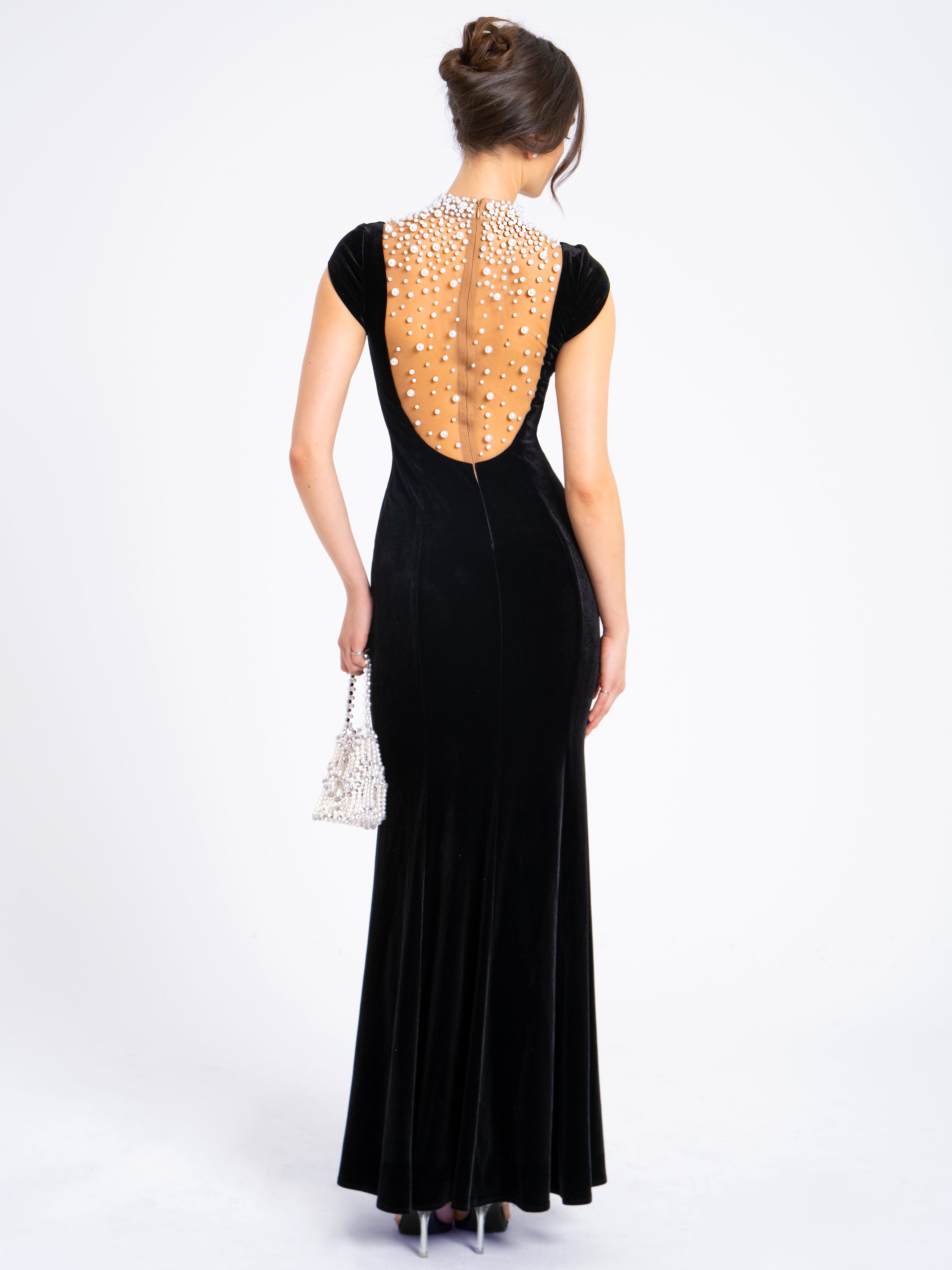 Rachael Black Velvet Pearl Embellished Gown