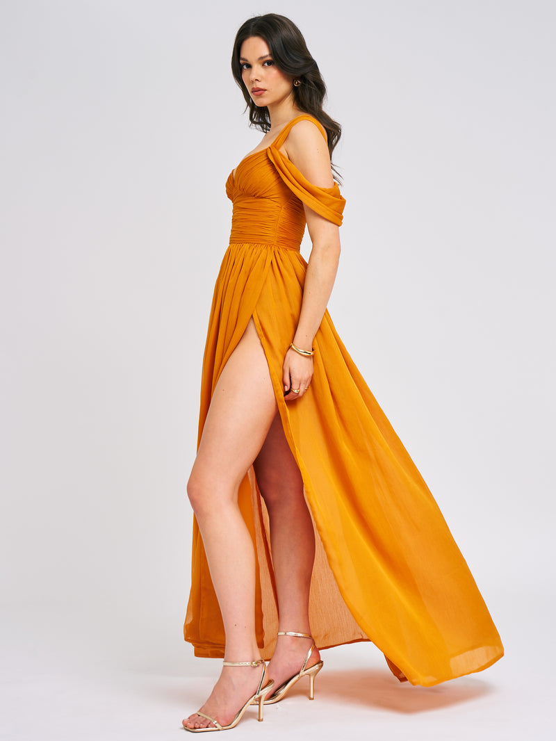 Jelani Layered Mesh High-Slit Drape Maxi Dress