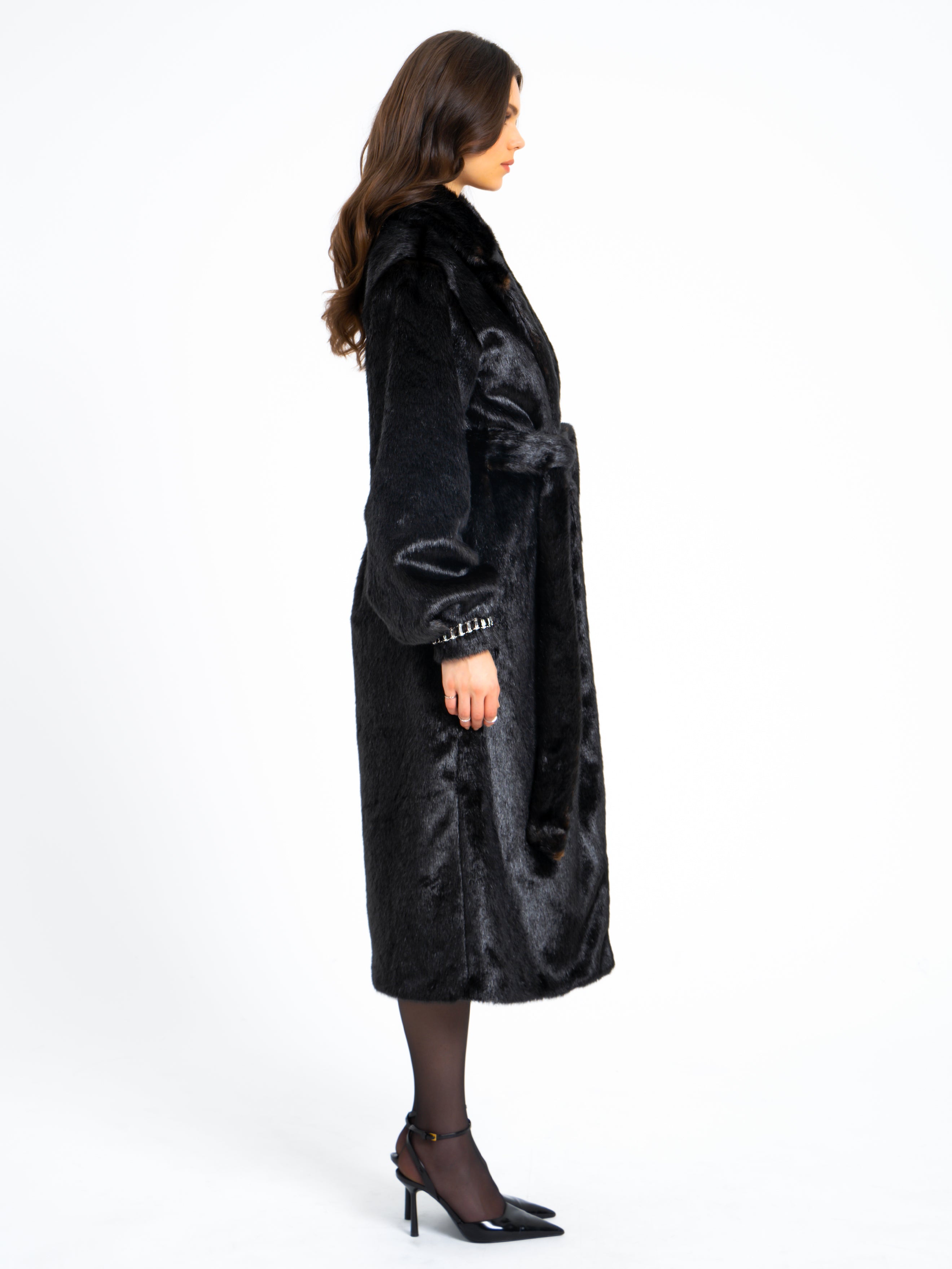 Yahia Black Vegan Long Faux Mink Coat